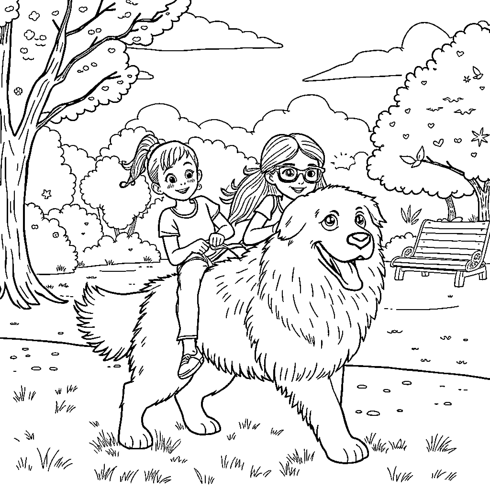 Sister's Outdoor Adventure with Pet Dog Coloring Page (free black-and-white line drawing printable PDF for all, from beginners to advanced learners, including children, teens, adults, and seniors)