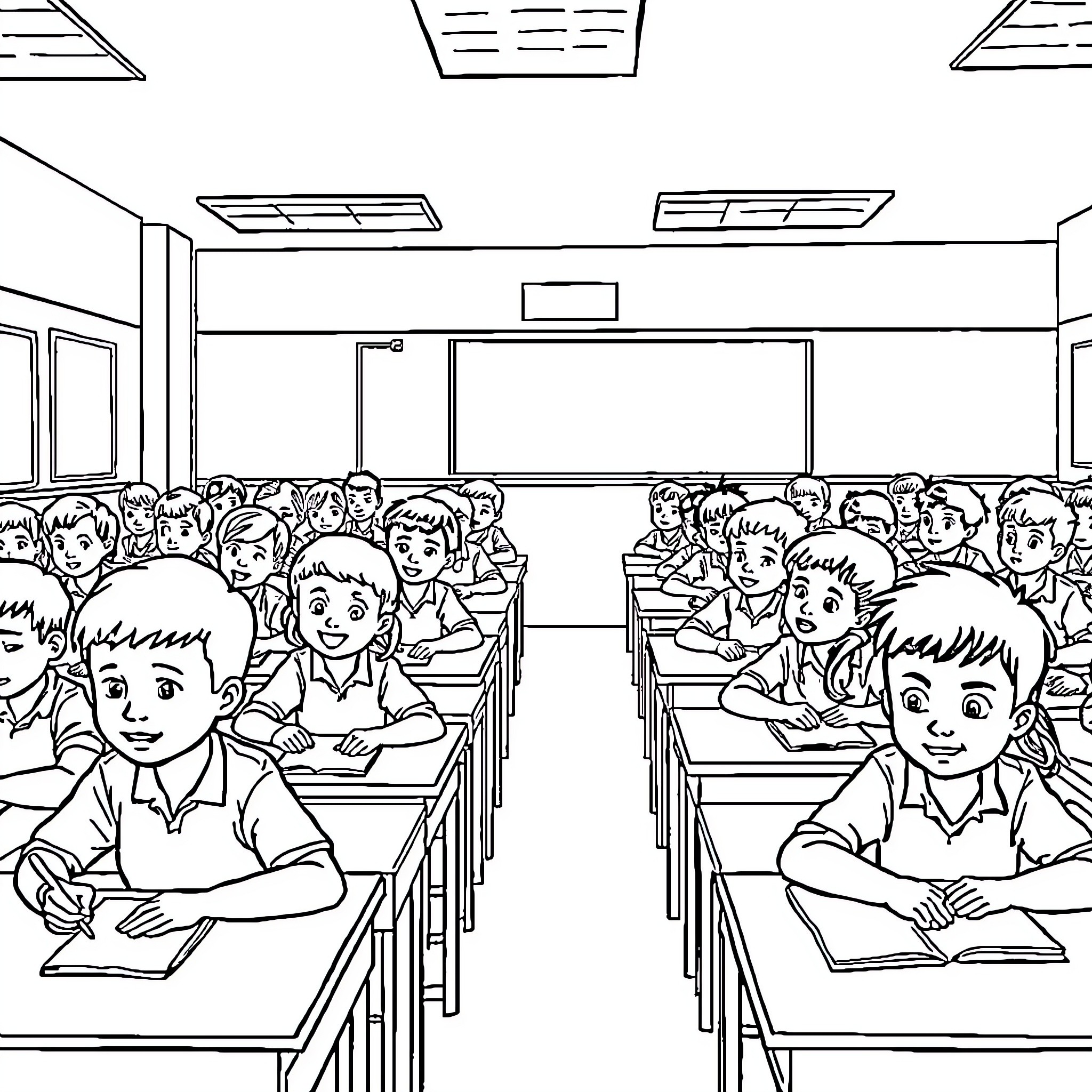 Students seated in classroom listening attentively Coloring Page (free black-and-white line drawing printable PDF for all, from beginners to advanced learners, including children, teens, adults, and seniors)