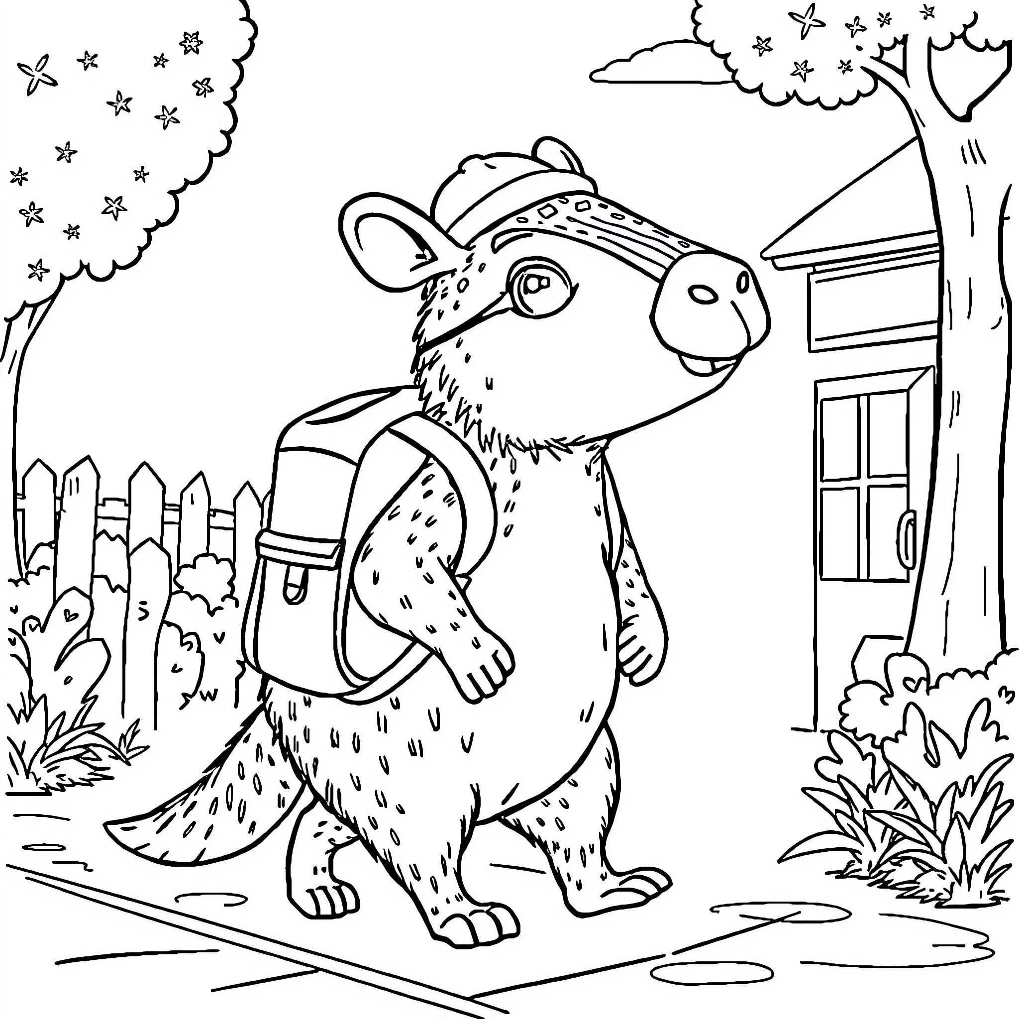 Capybara carrying a backpack on a country road Coloring Page (free black-and-white line drawing printable PDF for all, from beginners to advanced learners, including children, teens, adults, and seniors)