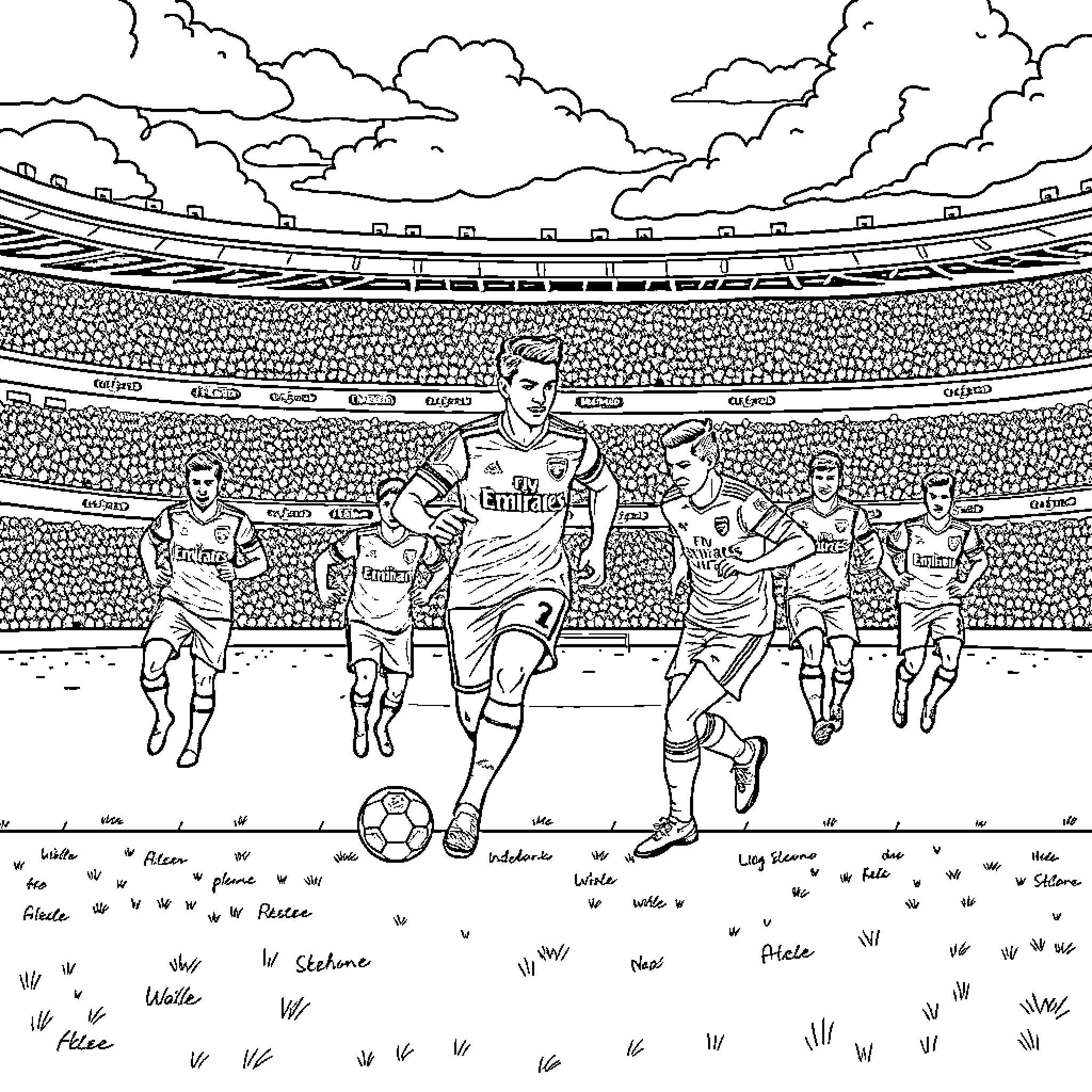 Arsenal players in action on the football pitch Coloring Page (free black-and-white line drawing printable PDF for all, from beginners to advanced learners, including children, teens, adults, and seniors)