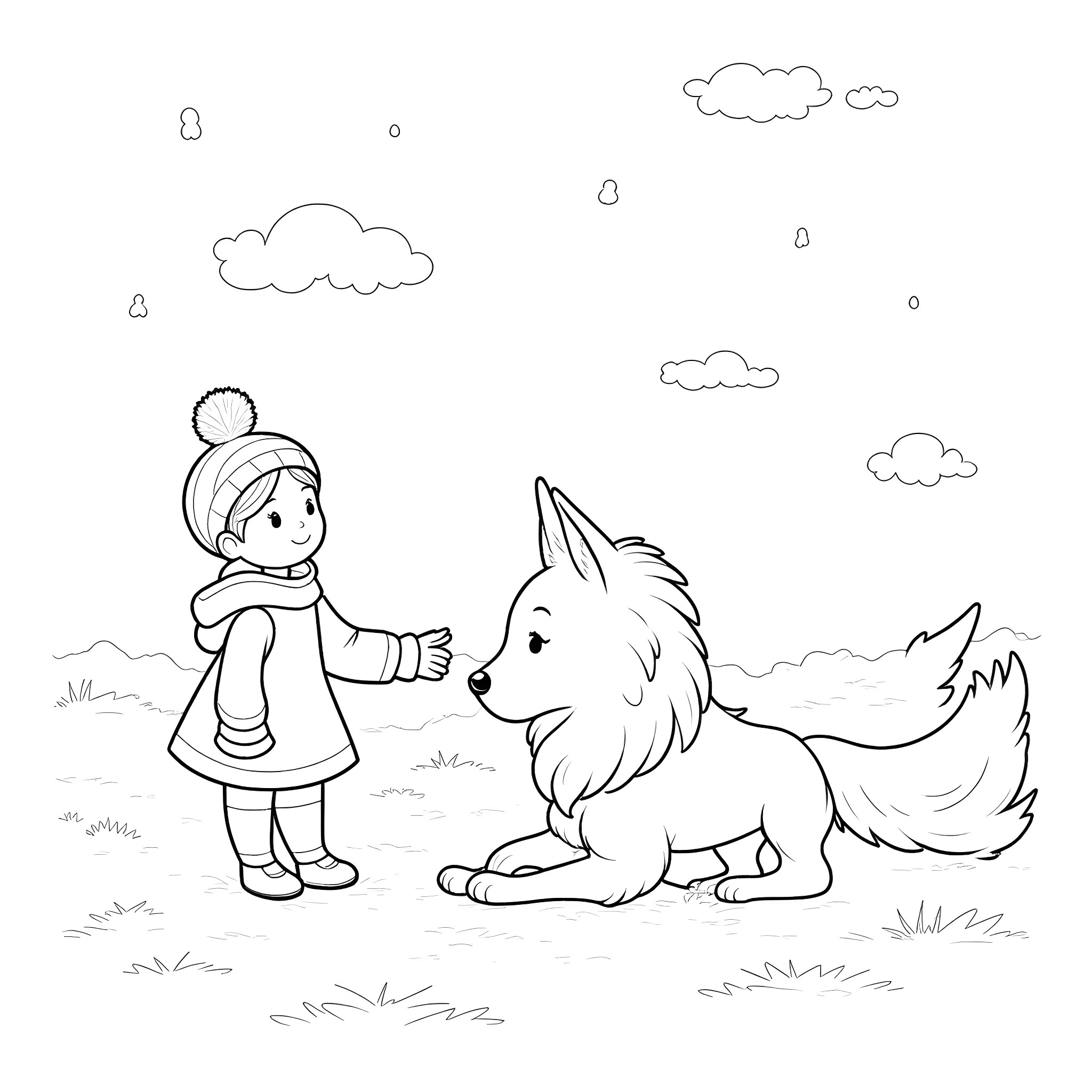 Vulpix playing with a young girl in the park Coloring Page (free black-and-white line drawing printable PDF for all, from beginners to advanced learners, including children, teens, adults, and seniors)