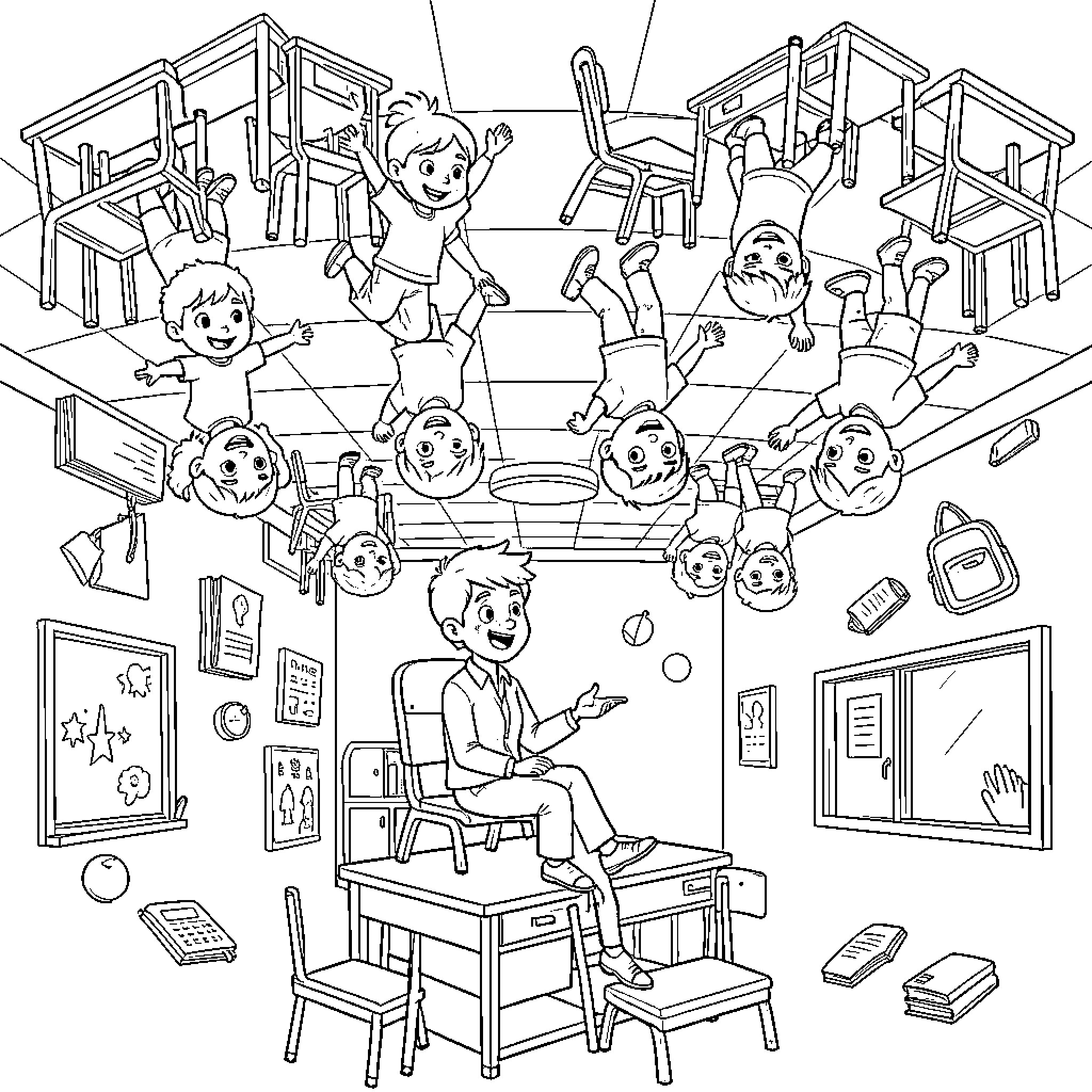 World of Lively Classroom with Students and Teacher Coloring Page (free black-and-white line drawing printable PDF for all, from beginners to advanced learners, including children, teens, adults, and seniors)
