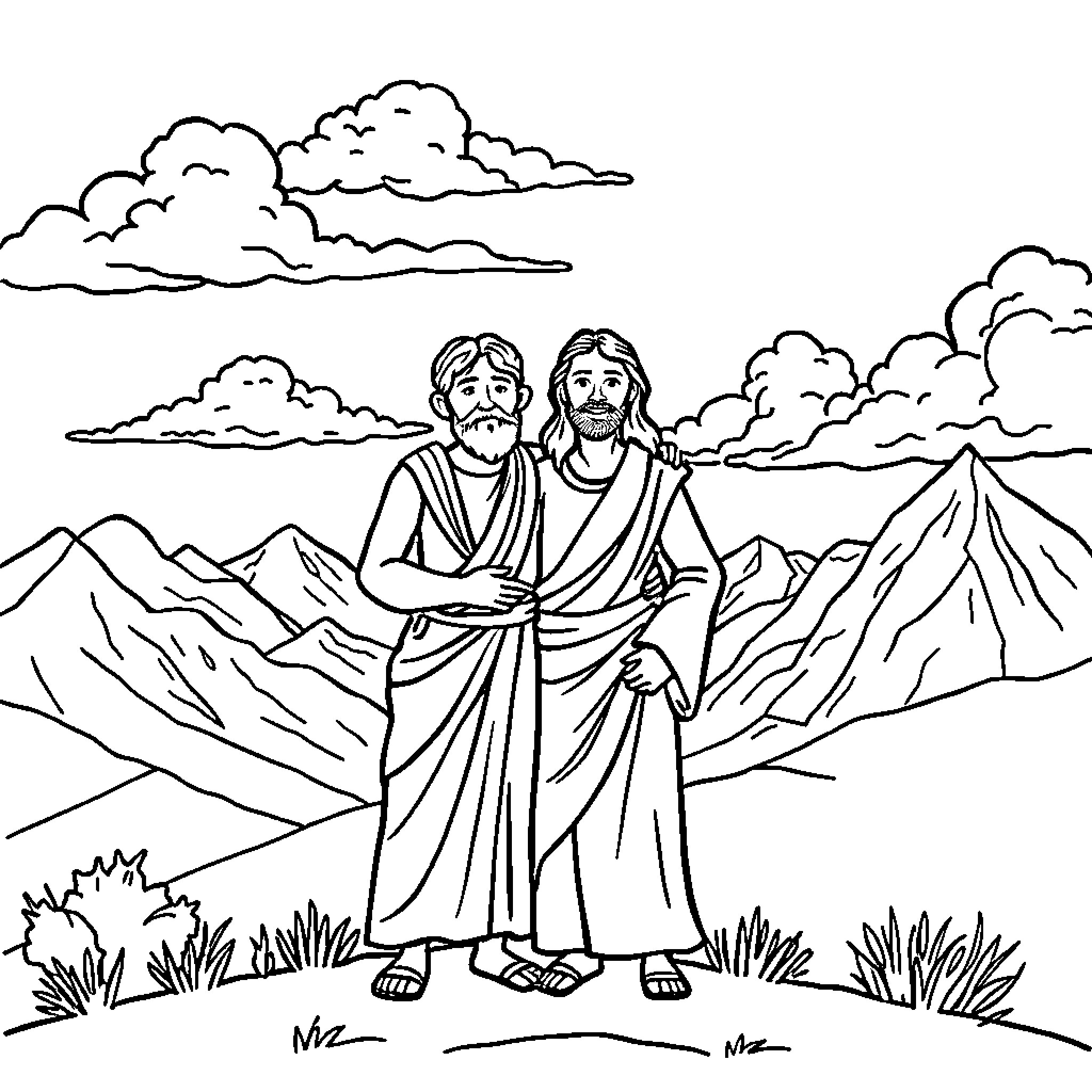 Moses and Joshua in the Wilderness Coloring Page (free black-and-white line drawing printable PDF for all, from beginners to advanced learners, including children, teens, adults, and seniors)