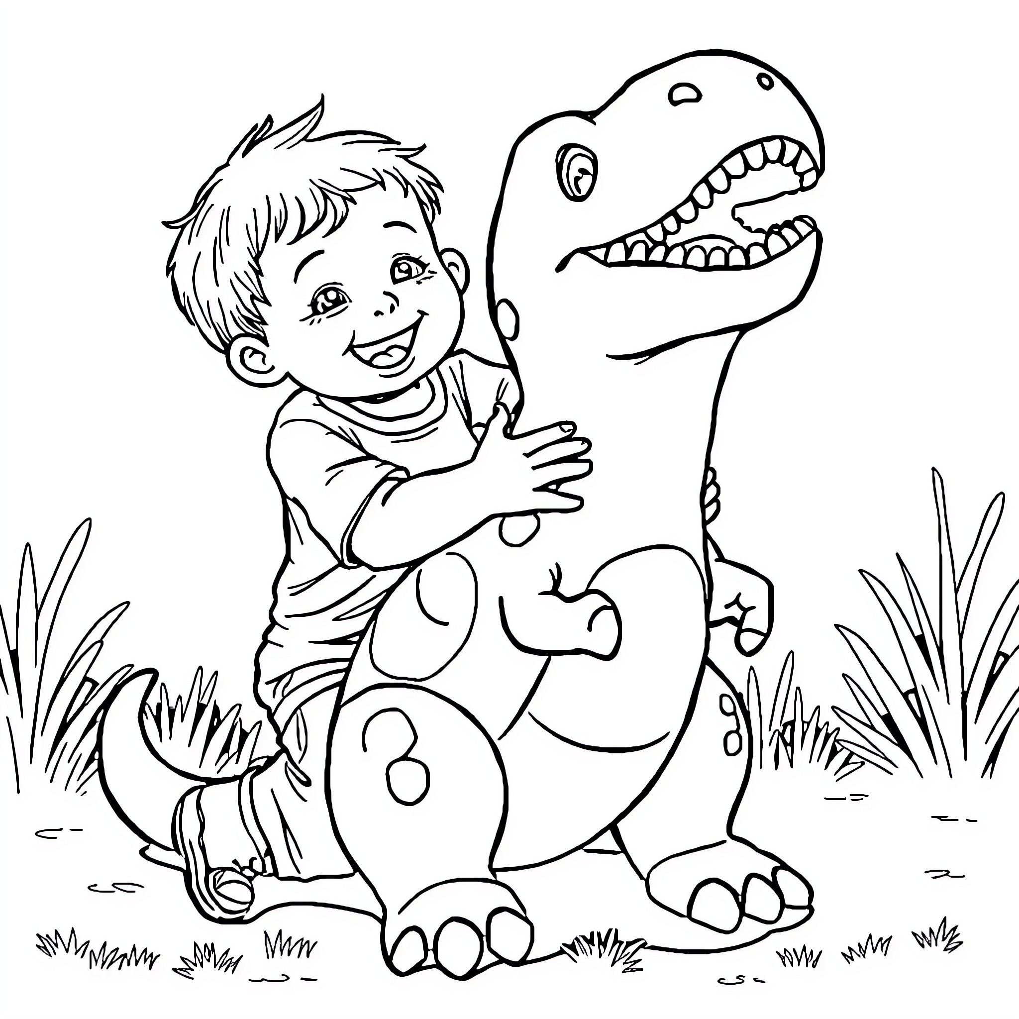 Kid Playing with Friendly Dinosaur Toy Coloring Page (free black-and-white line drawing printable PDF for all, from beginners to advanced learners, including children, teens, adults, and seniors)