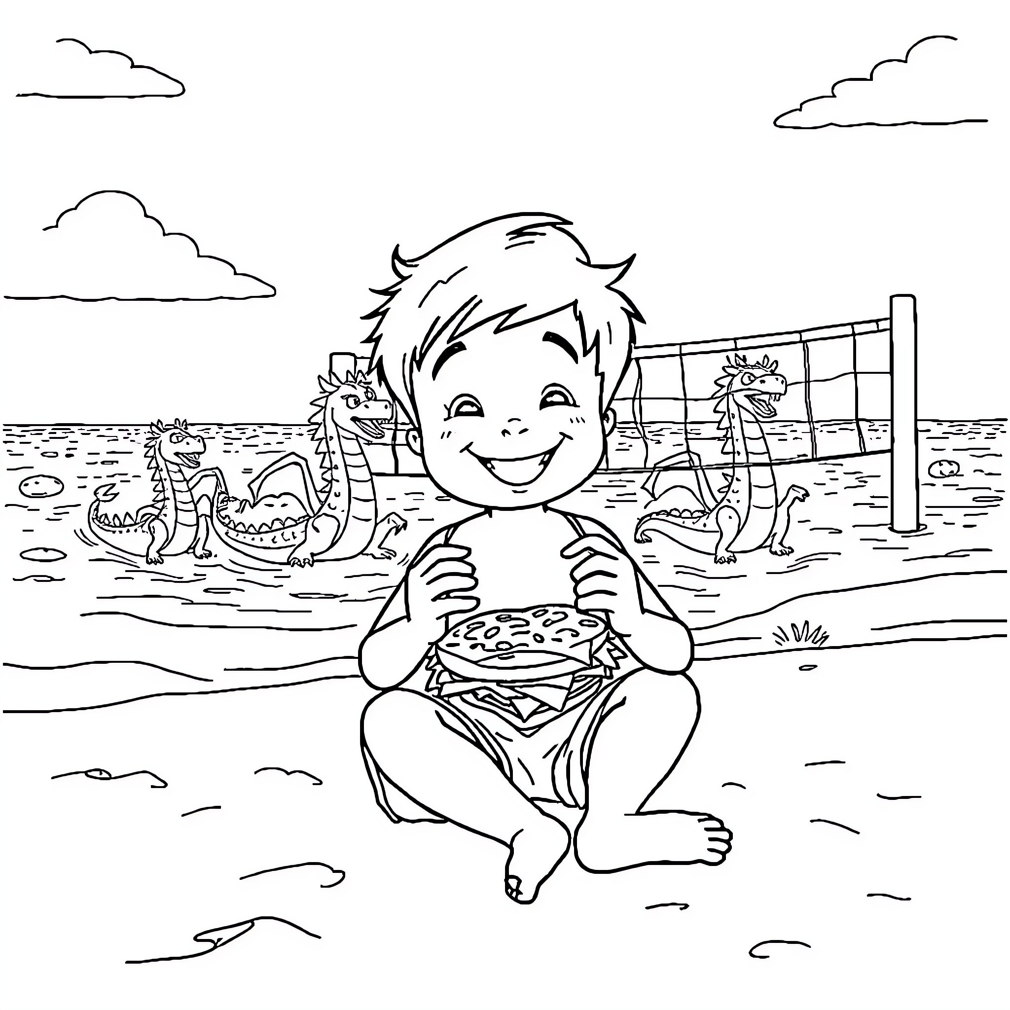 Boy enjoying a beach day with toys Coloring Page (free black-and-white line drawing printable PDF for all, from beginners to advanced learners, including children, teens, adults, and seniors)