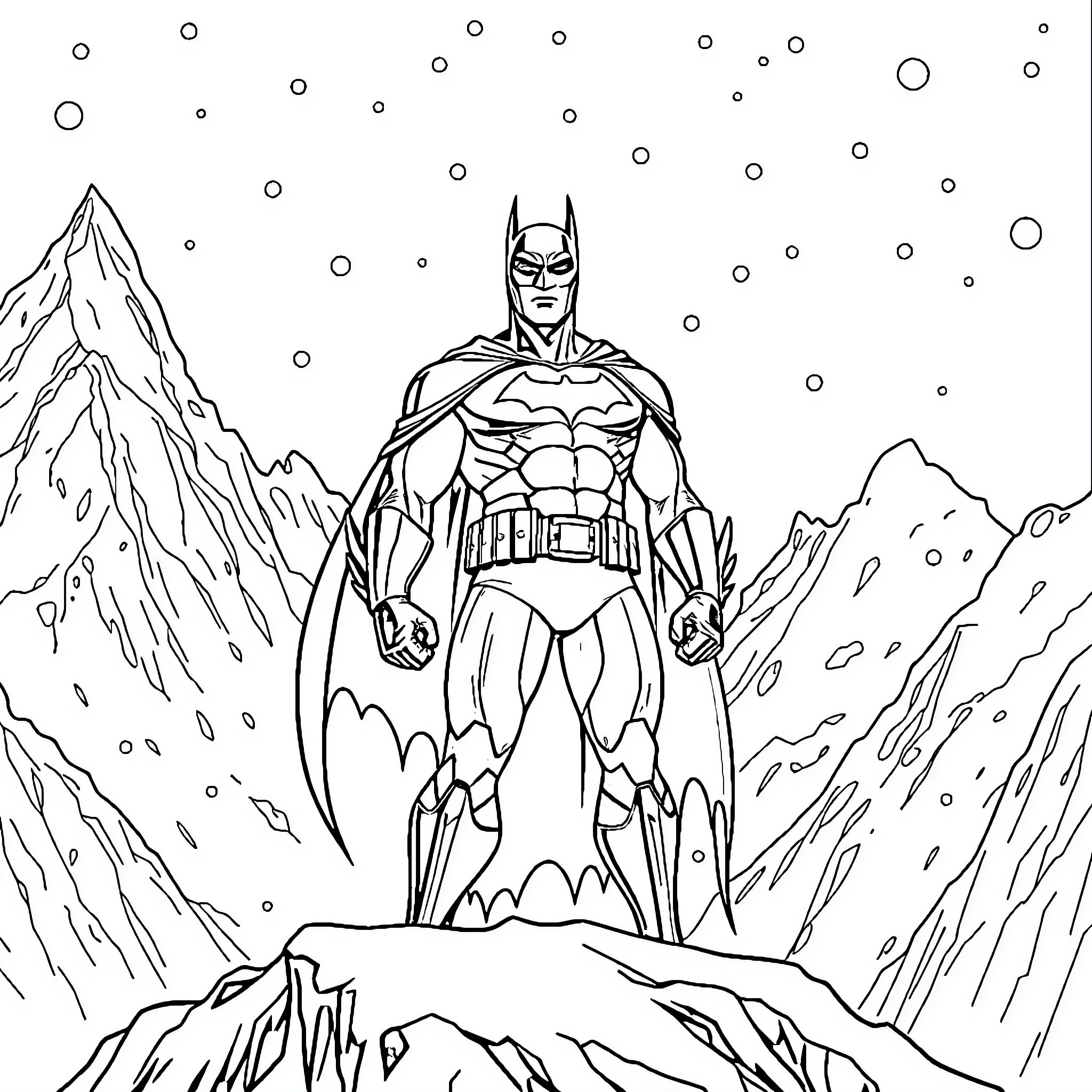 Batman standing heroically in a snowy landscape Coloring Page (free black-and-white line drawing printable PDF for all, from beginners to advanced learners, including children, teens, adults, and seniors)