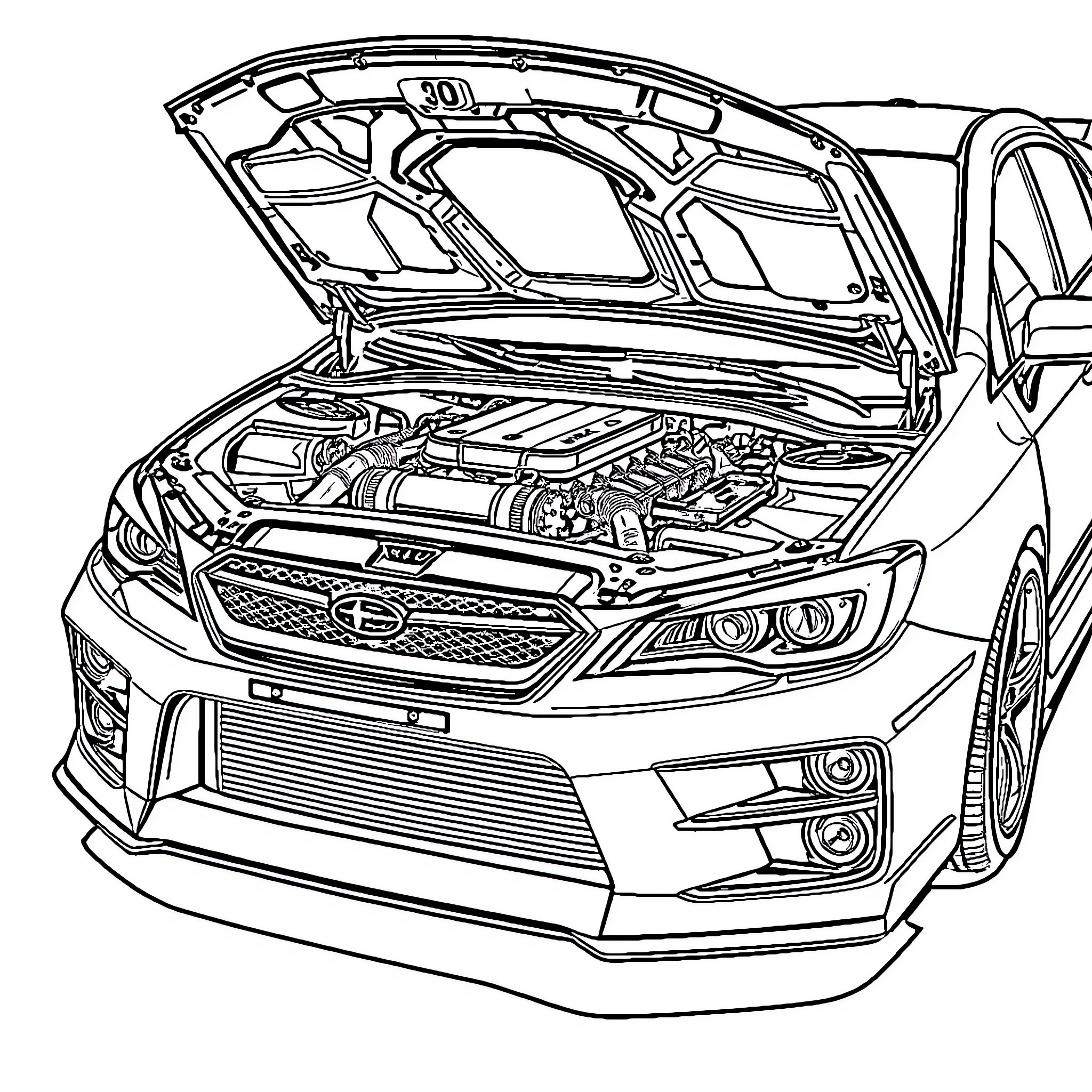 Wrx high-performance car engine bay Coloring Page (free black-and-white line drawing printable PDF for all, from beginners to advanced learners, including children, teens, adults, and seniors)