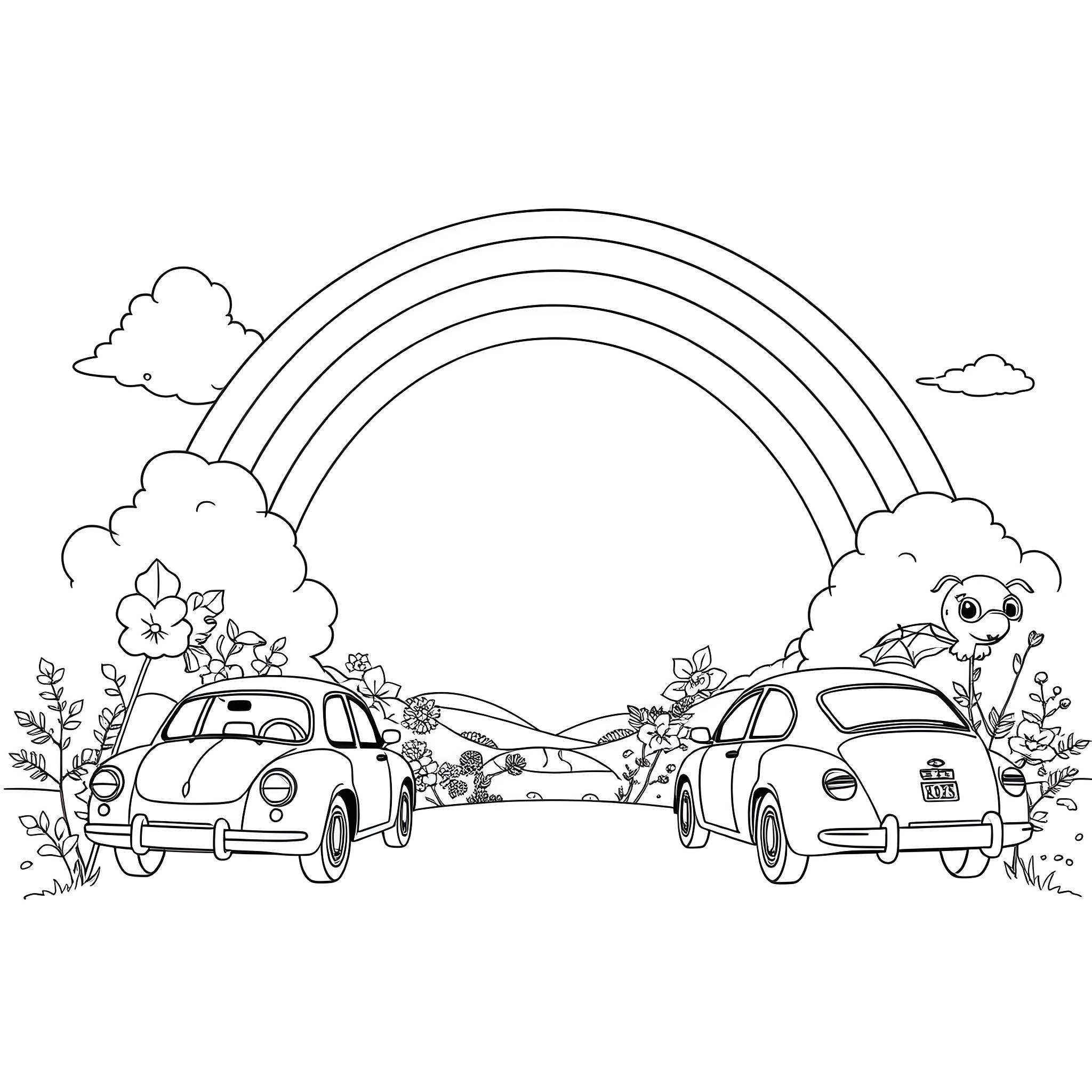 Rainbow Cars and Flowers Enjoying the Outdoors Coloring Page (free black-and-white line drawing printable PDF for all, from beginners to advanced learners, including children, teens, adults, and seniors)