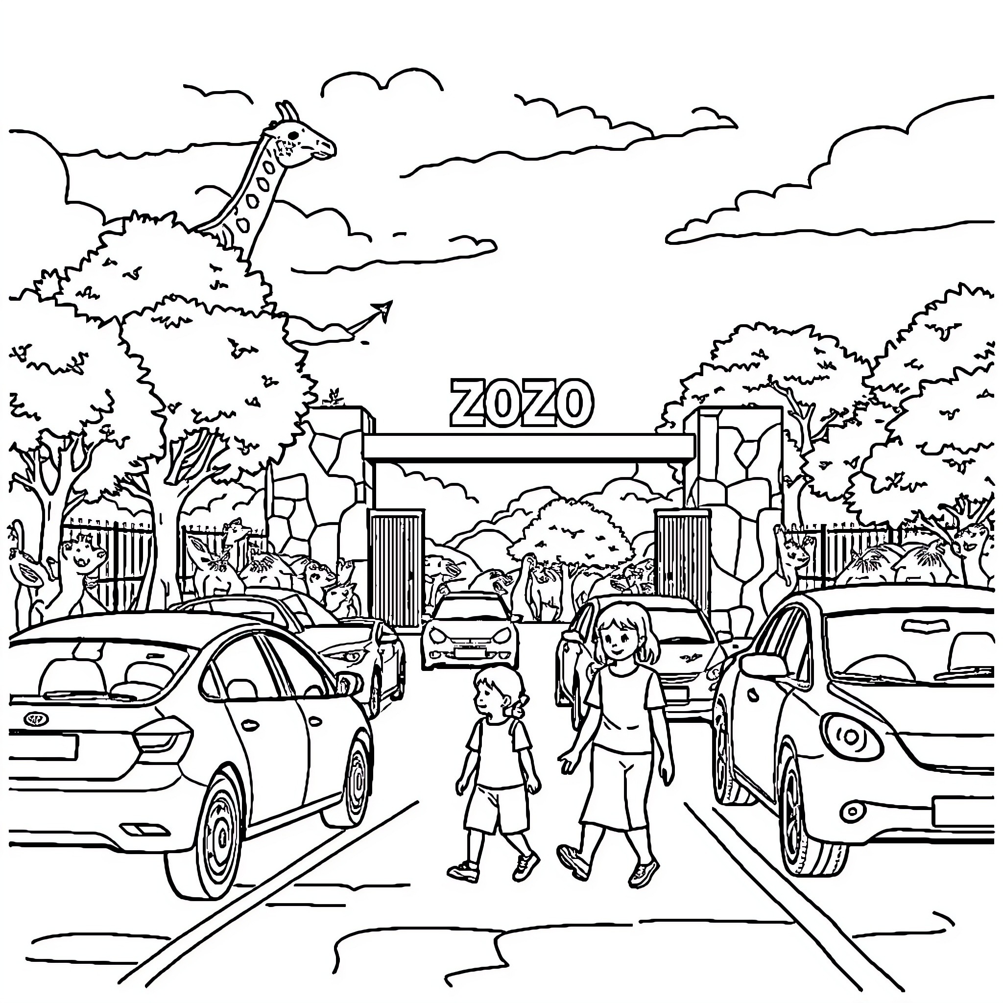 Car Ride to the Zoo with Family Coloring Page (free black-and-white line drawing printable PDF for all, from beginners to advanced learners, including children, teens, adults, and seniors)