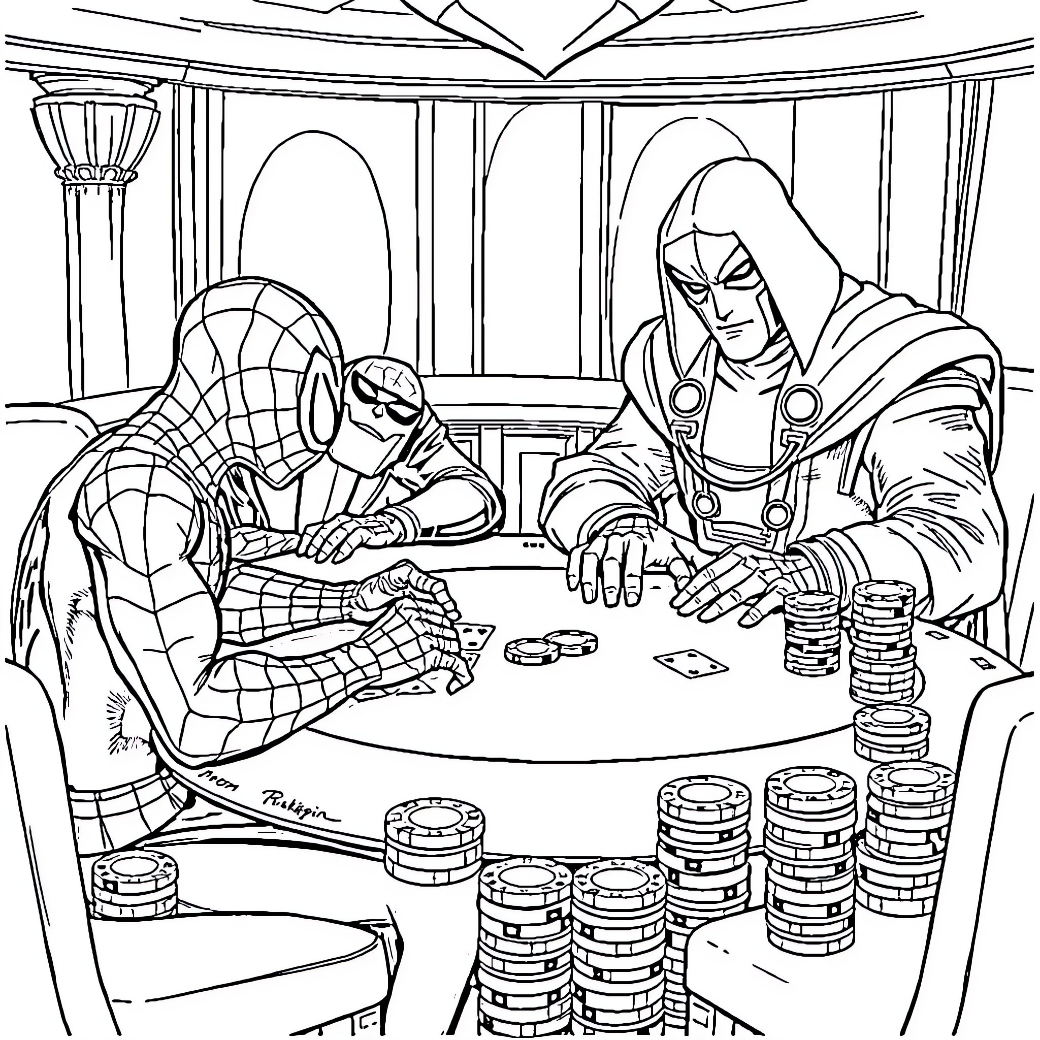 Spider-Man Playing Cards with a Mysterious Hooded Figure Coloring Page (free black-and-white line drawing printable PDF for all, from beginners to advanced learners, including children, teens, adults, and seniors)