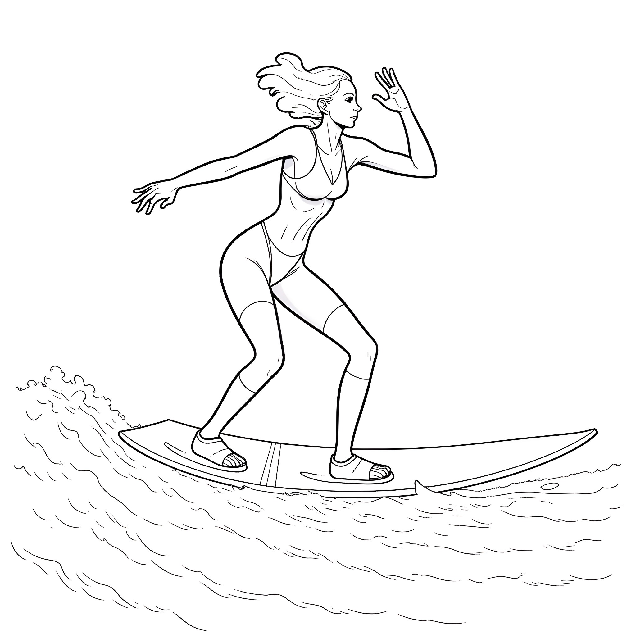 Tankgirl surfing on the waves Coloring Page (free black-and-white line drawing printable PDF for all, from beginners to advanced learners, including children, teens, adults, and seniors)