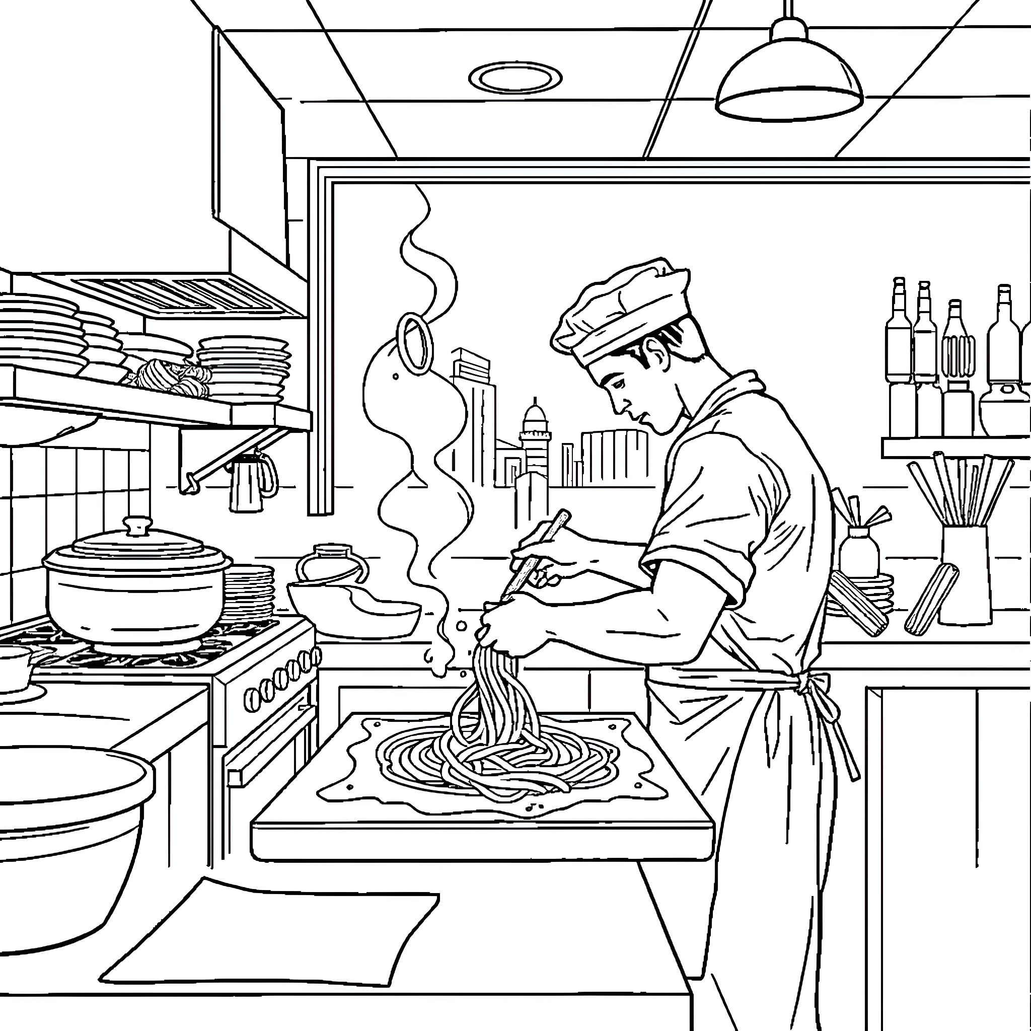 Pasta Maker Preparing Delicious Meal in Kitchen Coloring Page (free black-and-white line drawing printable PDF for all, from beginners to advanced learners, including children, teens, adults, and seniors)