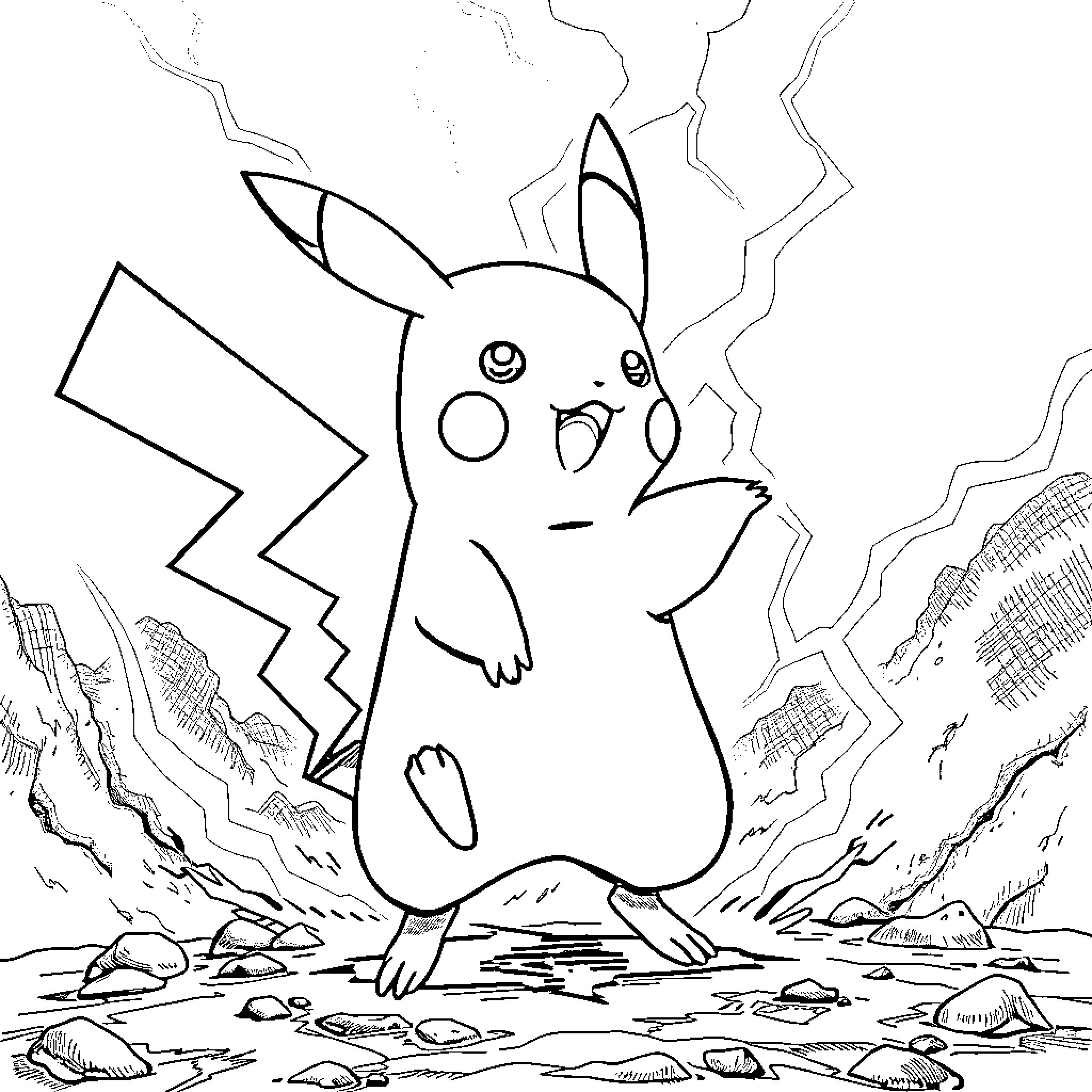 Pikachu wielding electric power in a rugged landscape Coloring Page (free black-and-white line drawing printable PDF for all, from beginners to advanced learners, including children, teens, adults, and seniors)