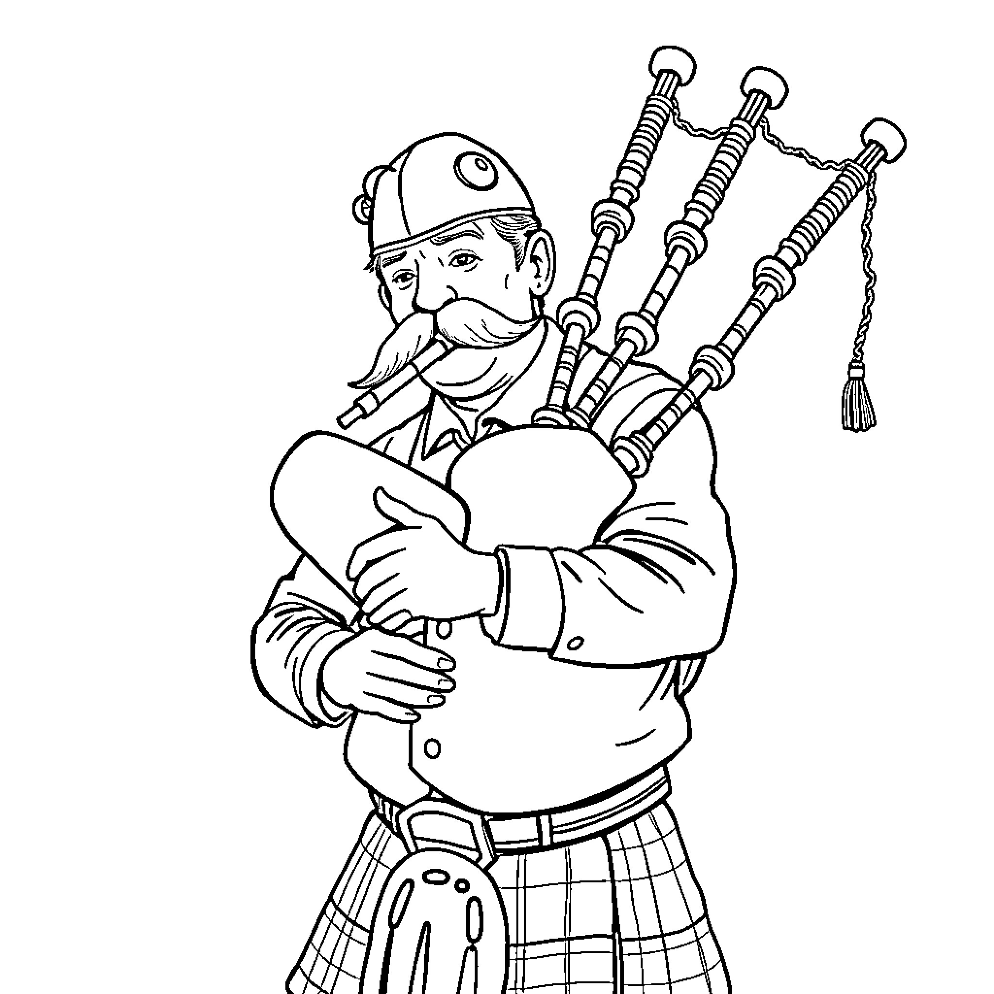 Man Playing Bagpipes in Traditional Outfit Coloring Page (free black-and-white line drawing printable PDF for all, from beginners to advanced learners, including children, teens, adults, and seniors)