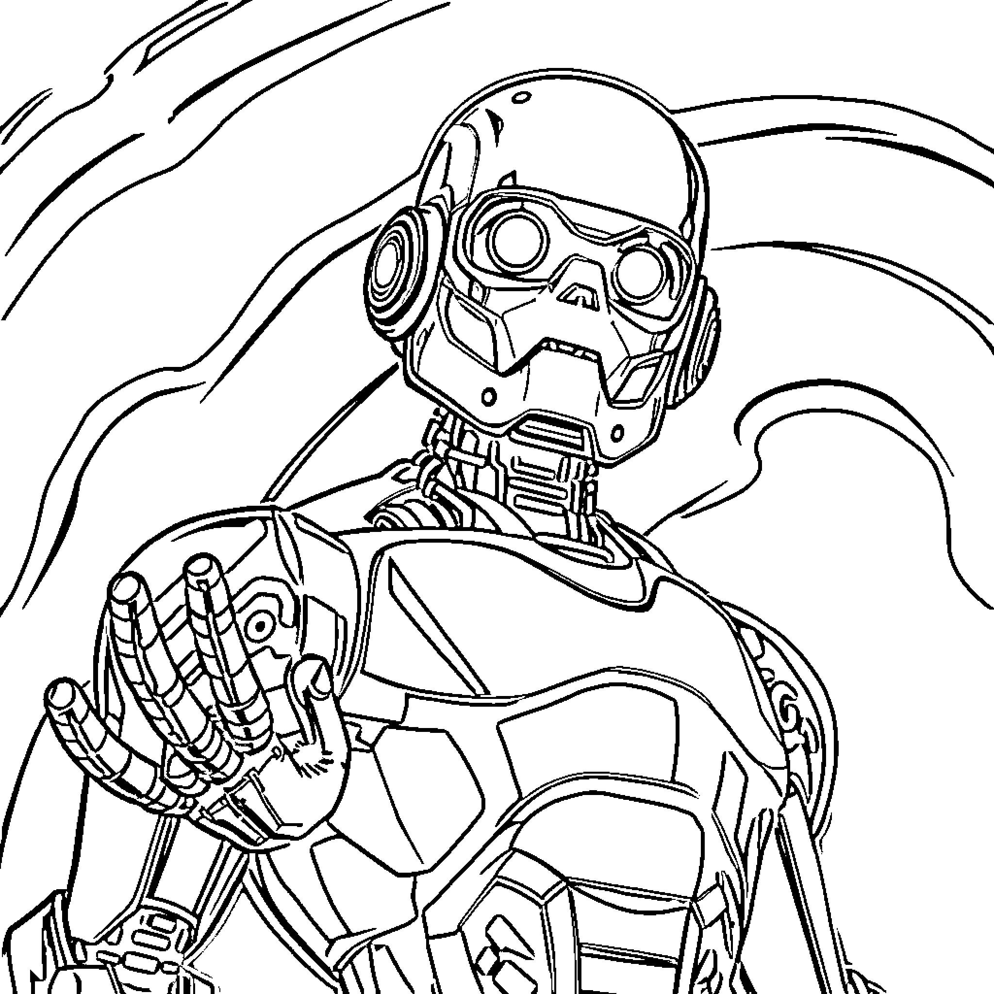 T1000 Cyborg in Action Pose with Futuristic Gear Coloring Page (free black-and-white line drawing printable PDF for all, from beginners to advanced learners, including children, teens, adults, and seniors)