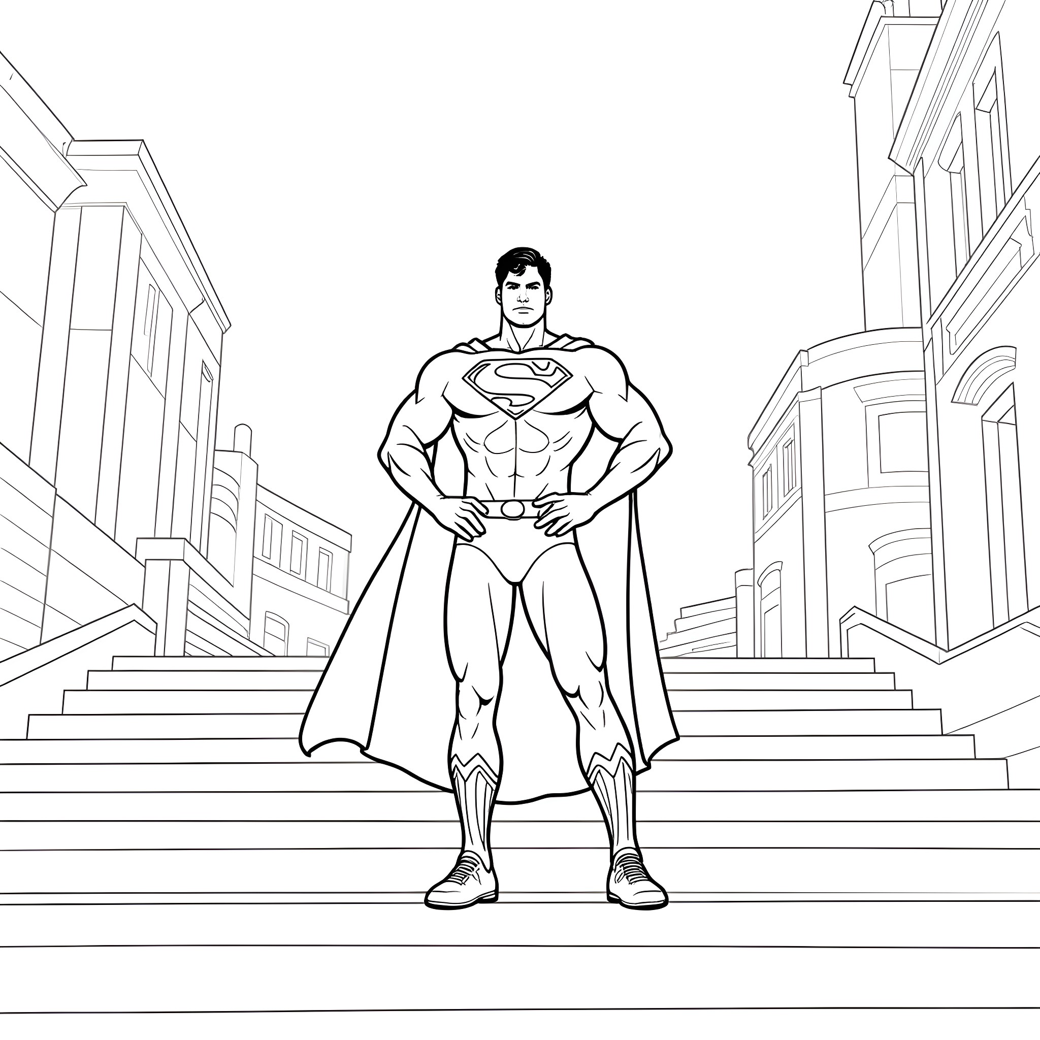 Superman ready to take action on city steps Coloring Page (free black-and-white line drawing printable PDF for all, from beginners to advanced learners, including children, teens, adults, and seniors)