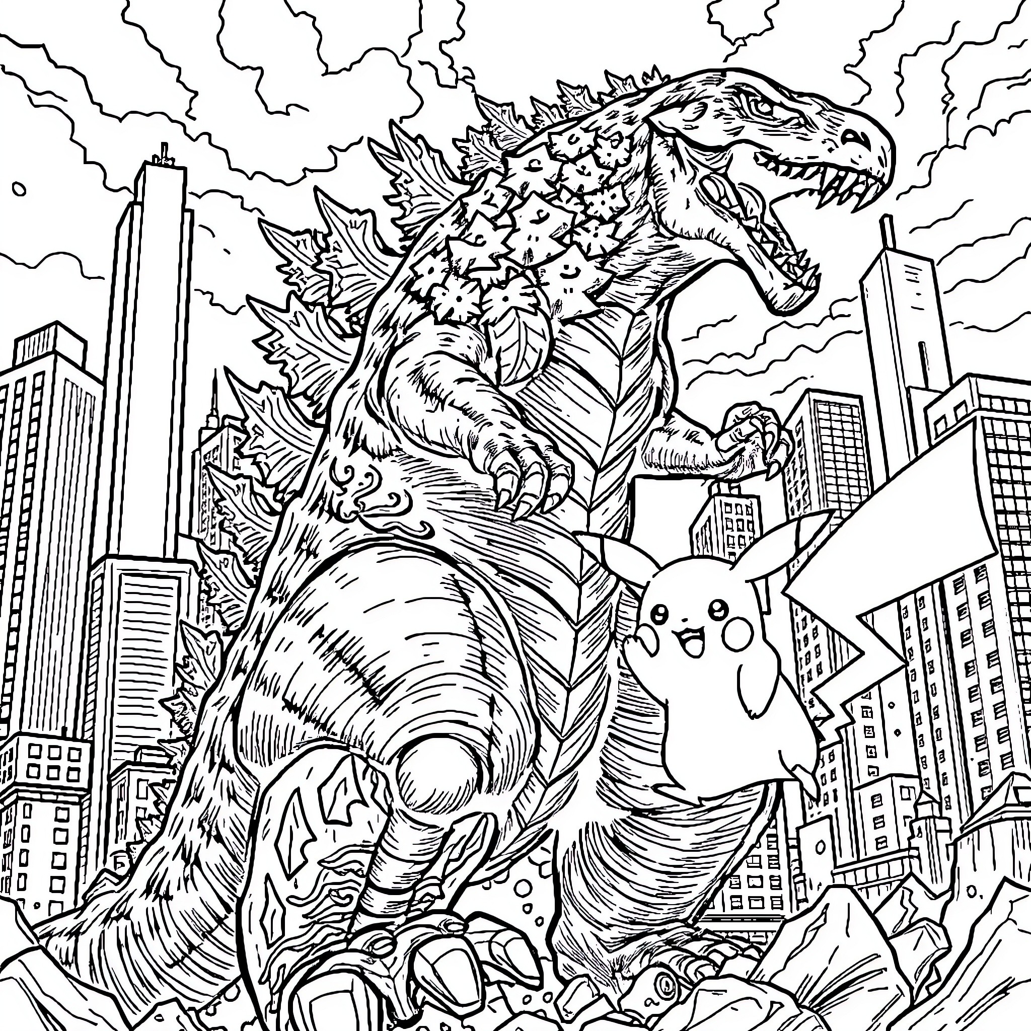 Godzilla battles with a cute companion in the city Coloring Page (free black-and-white line drawing printable PDF for all, from beginners to advanced learners, including children, teens, adults, and seniors)