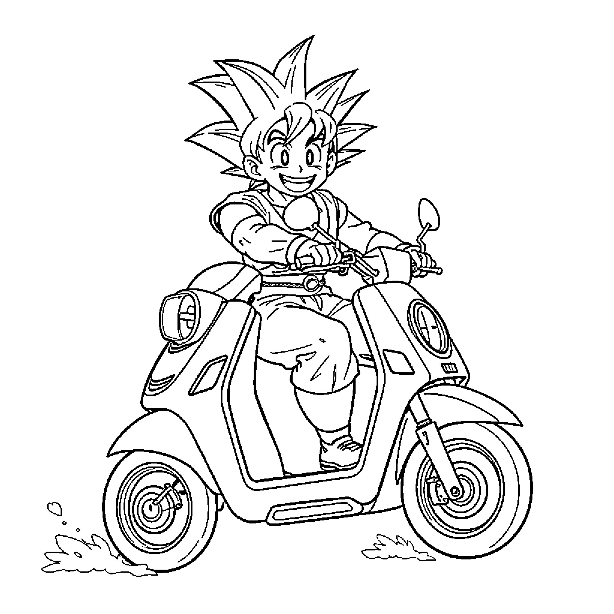 Son Goku riding a motorcycle with excitement Coloring Page (free black-and-white line drawing printable PDF for all, from beginners to advanced learners, including children, teens, adults, and seniors)