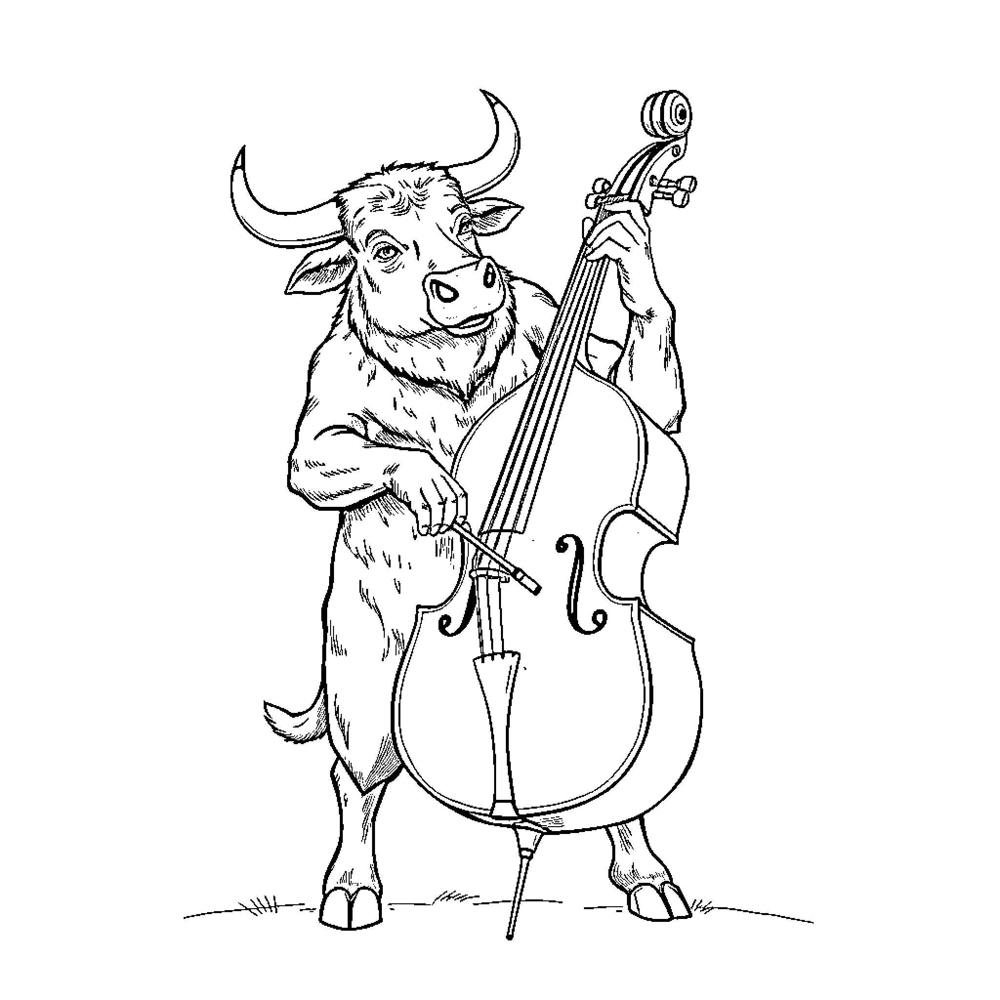 Bull playing a cello with a joyful expression Coloring Page (free black-and-white line drawing printable PDF for all, from beginners to advanced learners, including children, teens, adults, and seniors)