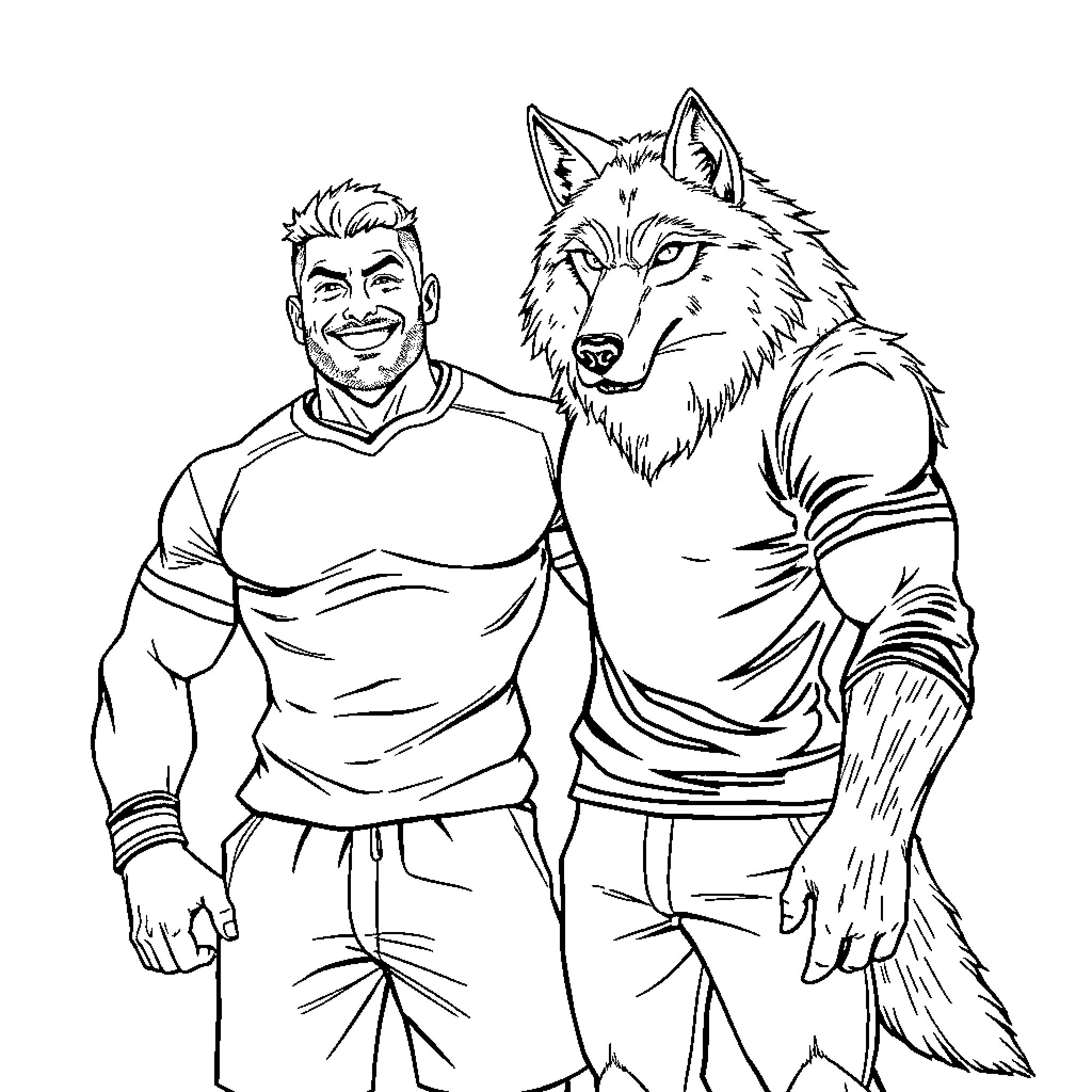 Rugby players in outfits with wolf Coloring Page (free black-and-white line drawing printable PDF for all, from beginners to advanced learners, including children, teens, adults, and seniors)