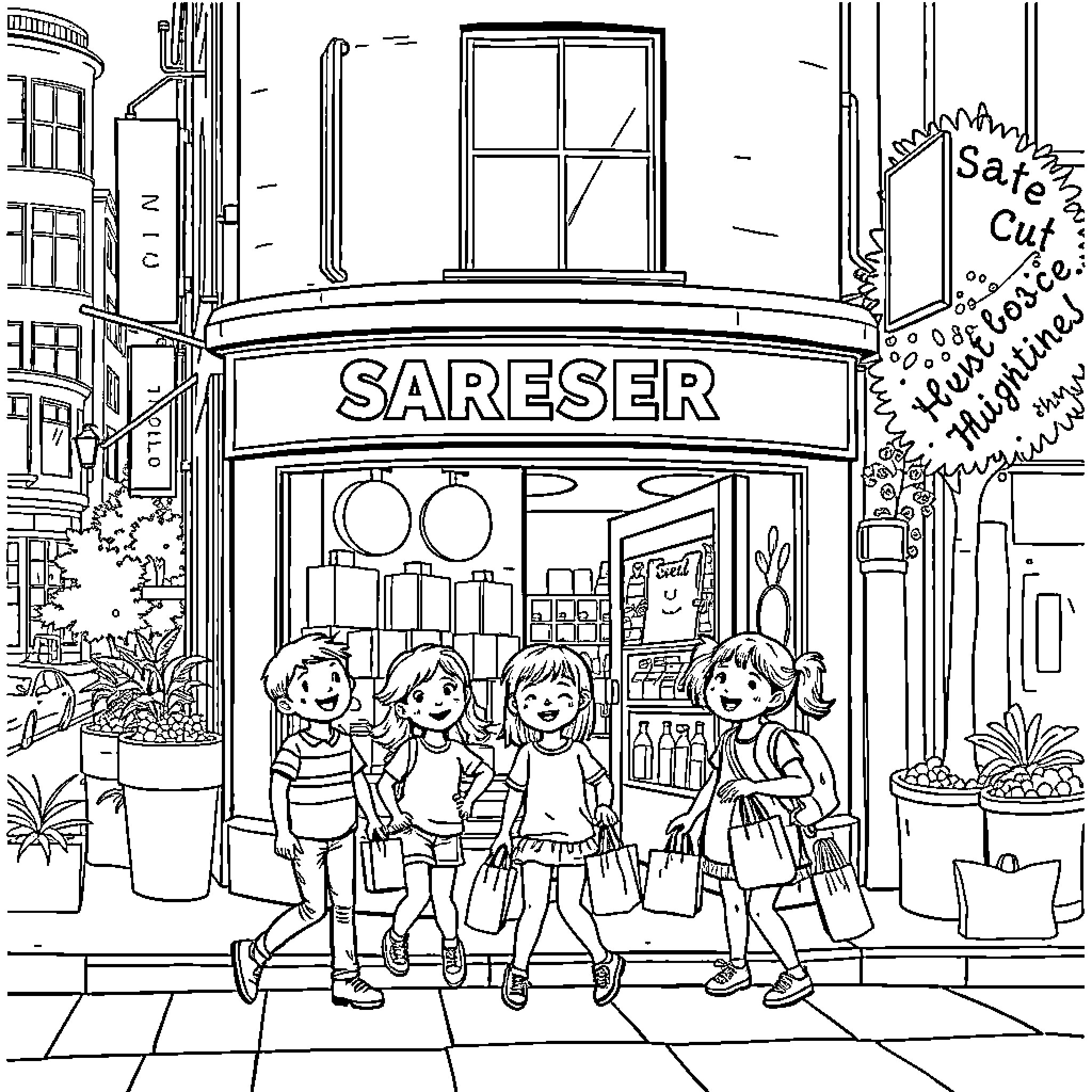 Kid shopping at the grocery store Coloring Page (free black-and-white line drawing printable PDF for all, from beginners to advanced learners, including children, teens, adults, and seniors)