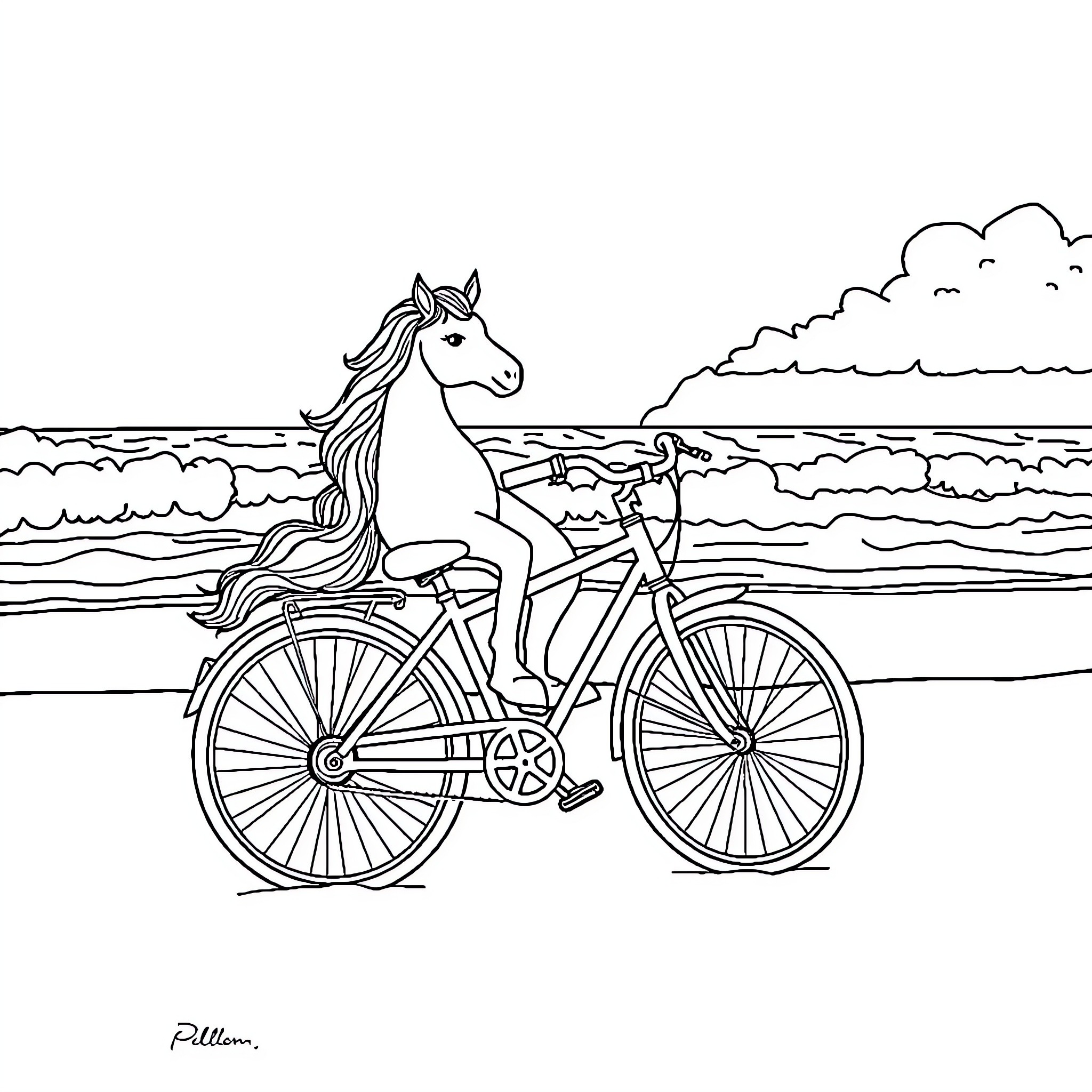 Unicorn riding a bicycle near the beach Coloring Page (free black-and-white line drawing printable PDF for all, from beginners to advanced learners, including children, teens, adults, and seniors)