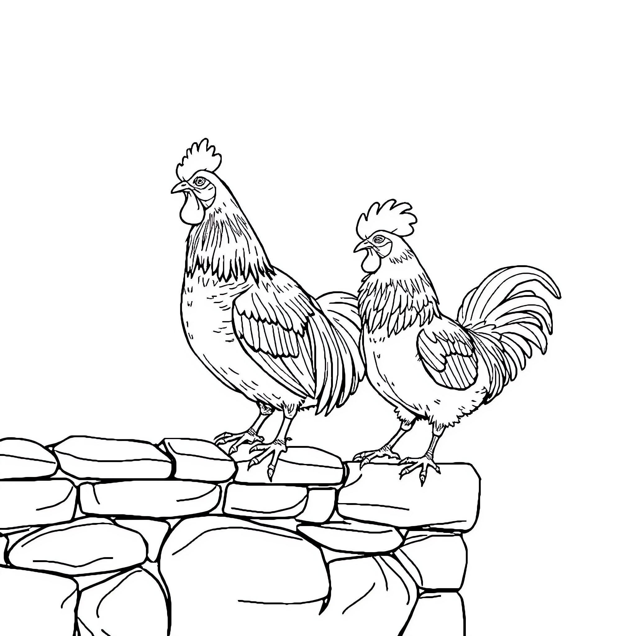 Hen couple perched on rocky ledge Coloring Page (free black-and-white line drawing printable PDF for all, from beginners to advanced learners, including children, teens, adults, and seniors)