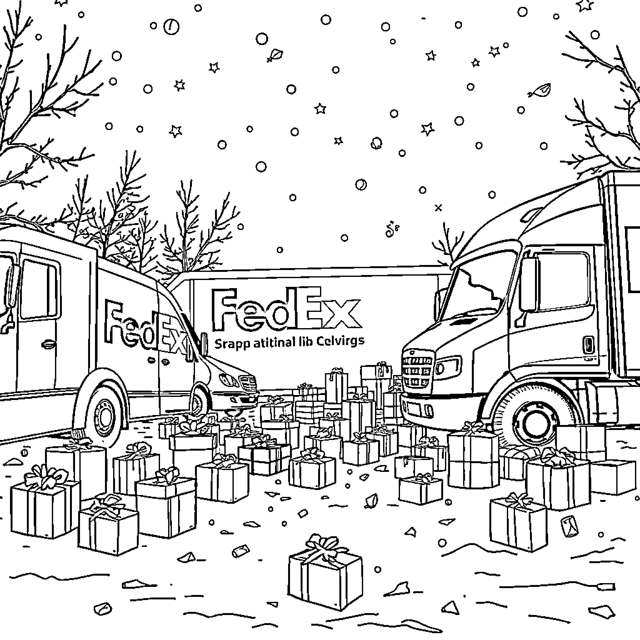 Superhero FedEx Delivers Packages in Winter Wonderland Coloring Page (free black-and-white line drawing printable PDF for all, from beginners to advanced learners, including children, teens, adults, and seniors)