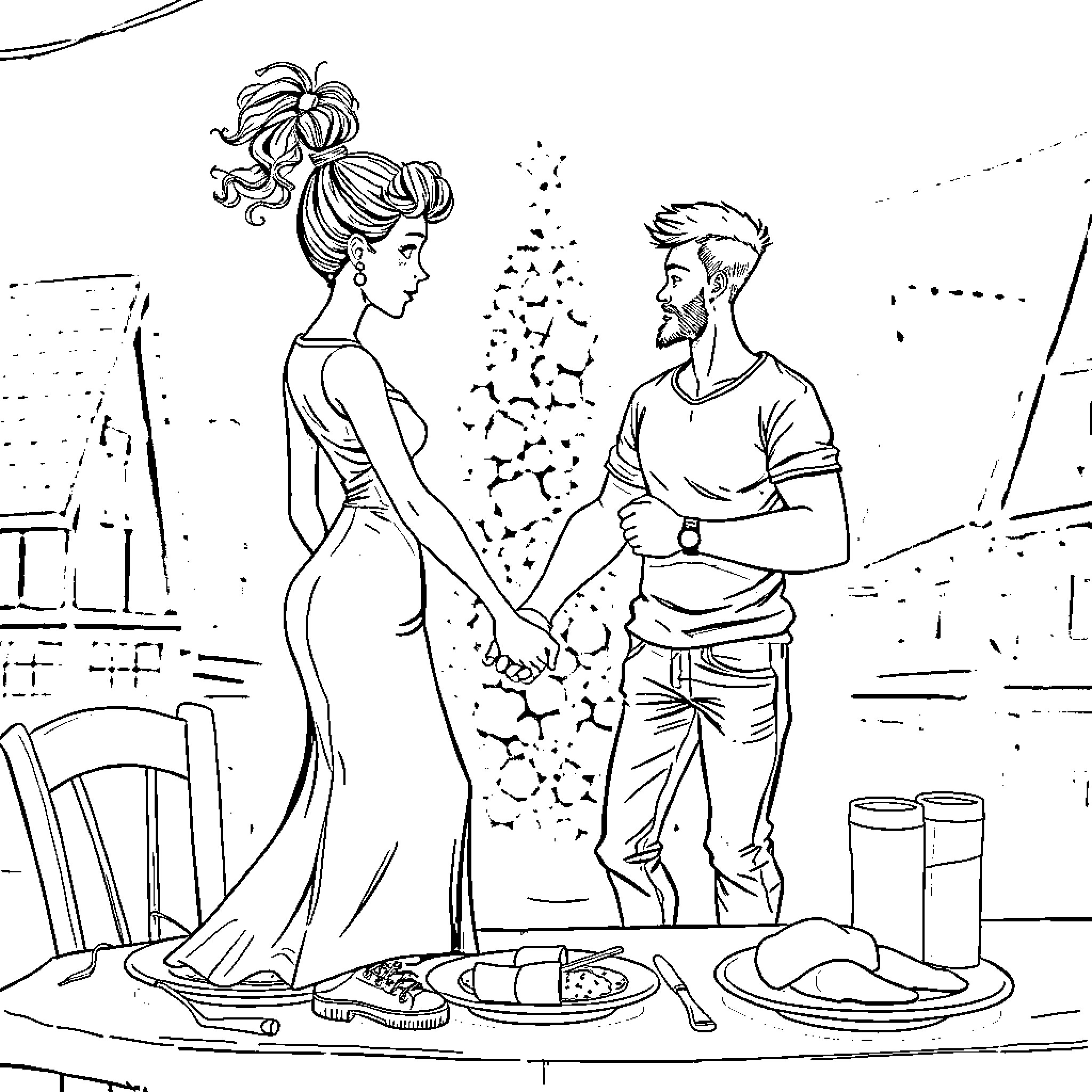 Couple enjoying a romantic date Coloring Page (free black-and-white line drawing printable PDF for all, from beginners to advanced learners, including children, teens, adults, and seniors)