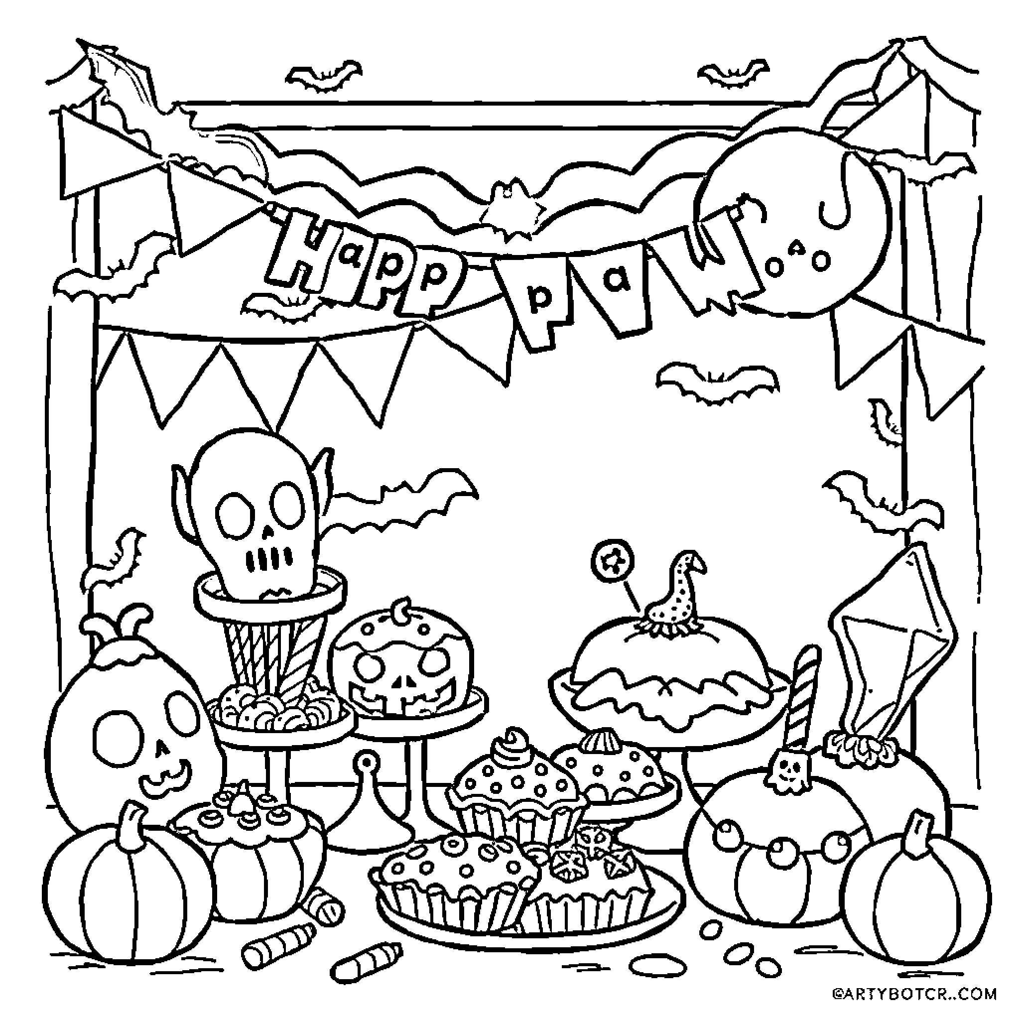Halloween party with festive decorations and treats Coloring Page (free black-and-white line drawing printable PDF for all, from beginners to advanced learners, including children, teens, adults, and seniors)
