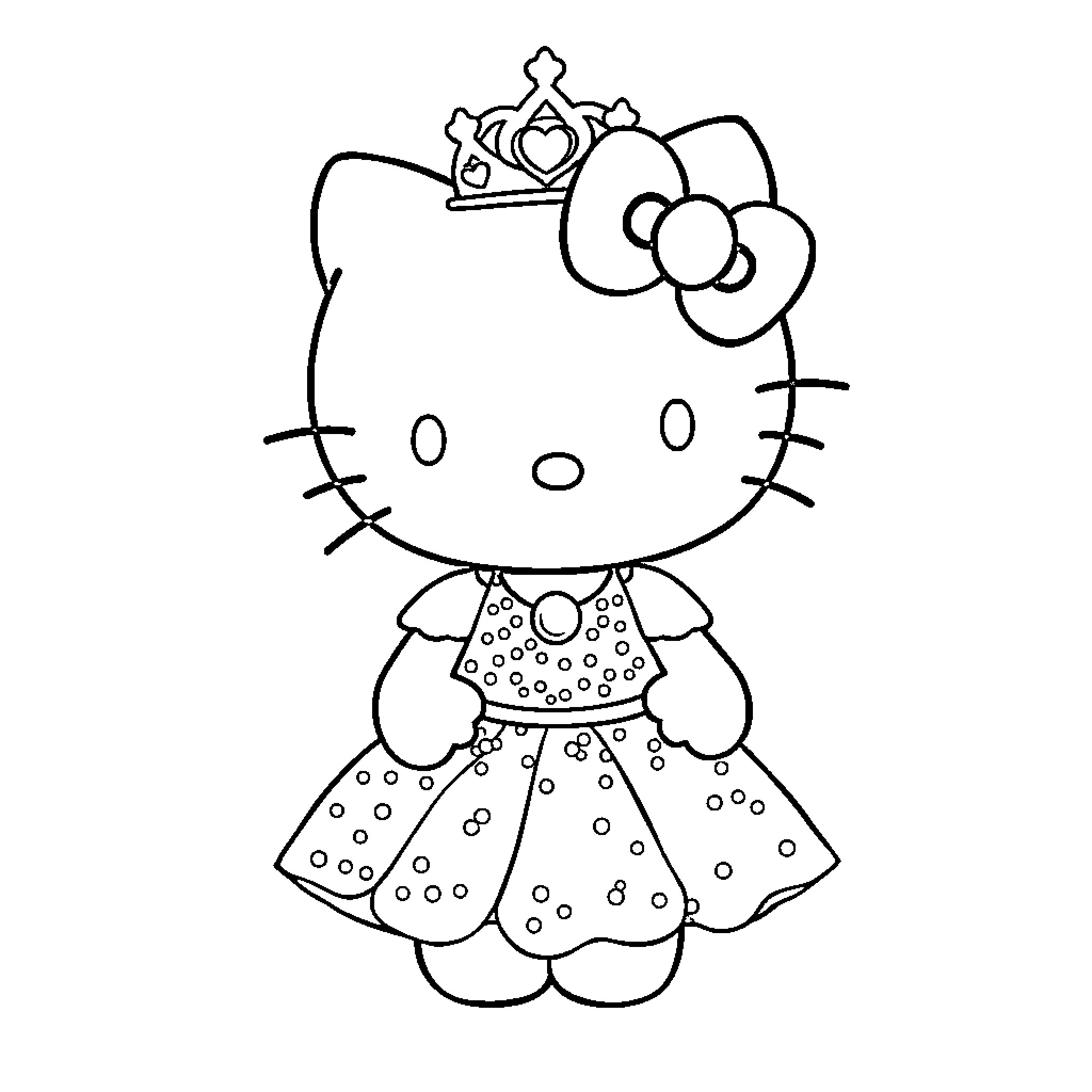 Princess Hello Kitty in Polka Dot Dress Coloring Page (free black-and-white line drawing printable PDF for all, from beginners to advanced learners, including children, teens, adults, and seniors)