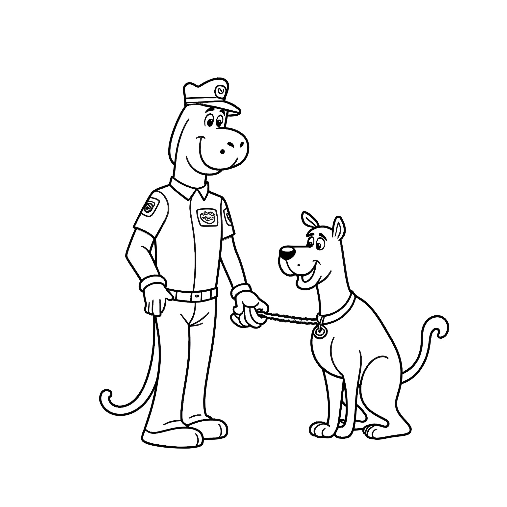 Barney Fife as a cheerful police officer with his loyal dog companion Coloring Page (free black-and-white line drawing printable PDF for all, from beginners to advanced learners, including children, teens, adults, and seniors)