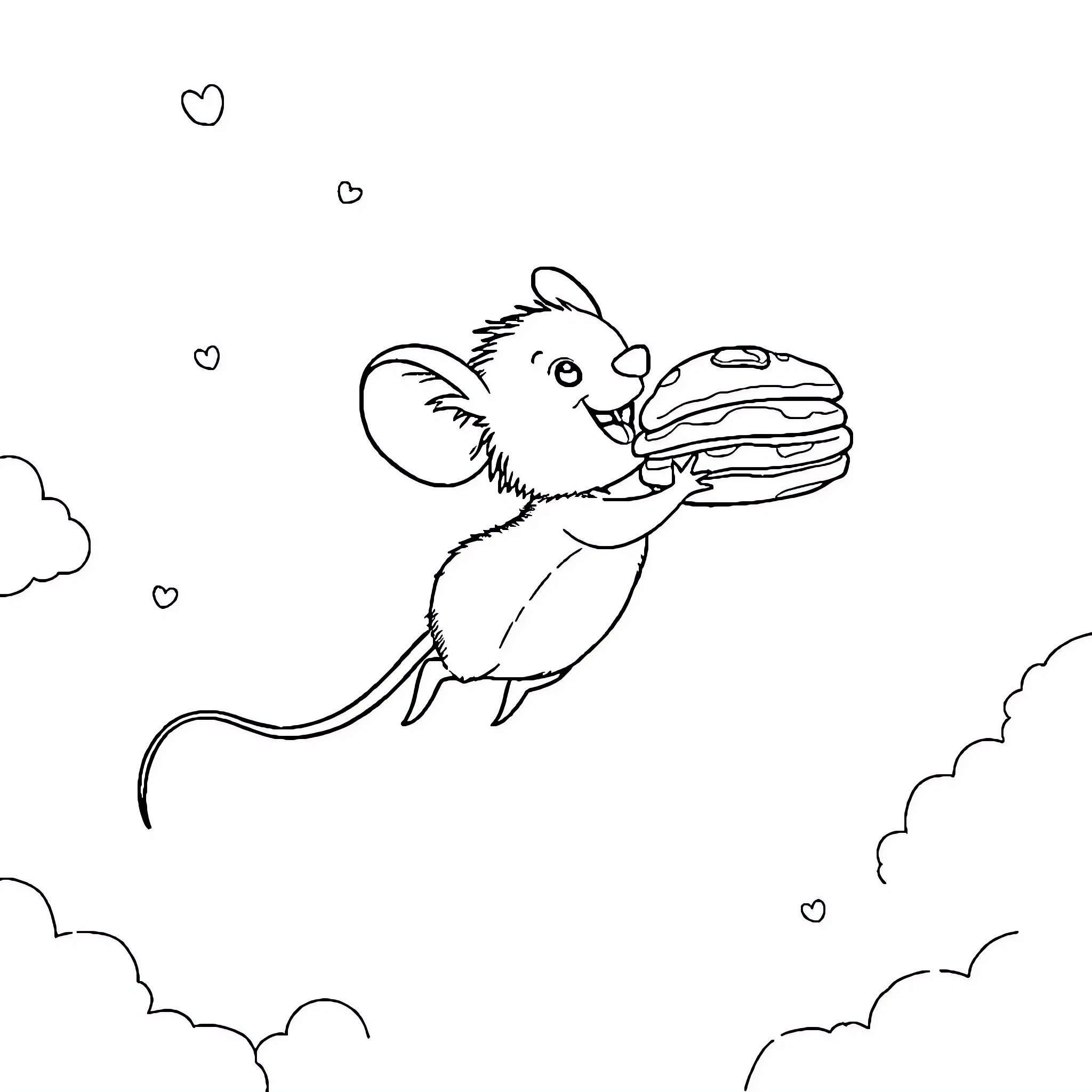 Mouse enjoying a delicious hamburger in the sky Coloring Page (free black-and-white line drawing printable PDF for all, from beginners to advanced learners, including children, teens, adults, and seniors)