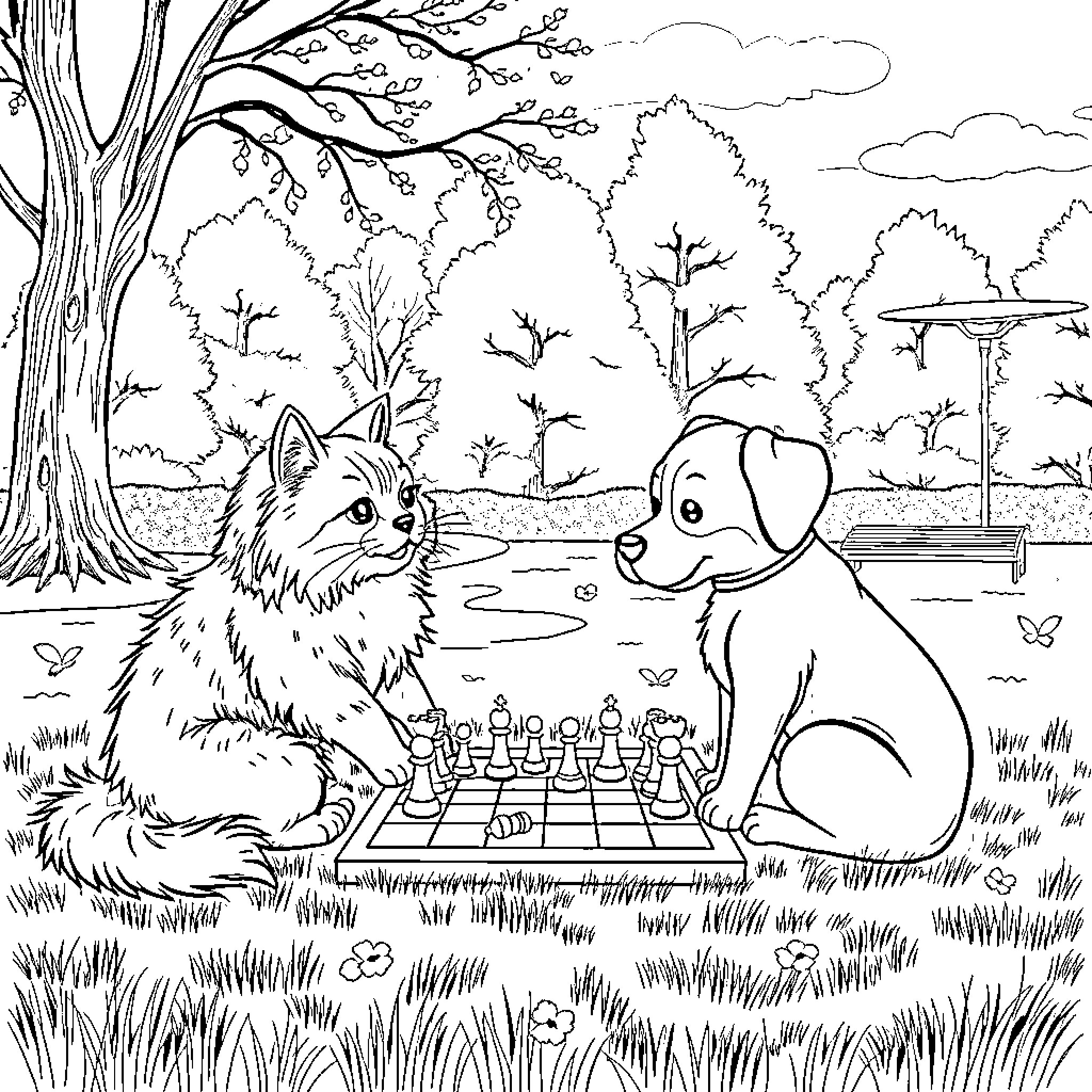 Cat and Dog Playing Chess in the Park Coloring Page (free black-and-white line drawing printable PDF for all, from beginners to advanced learners, including children, teens, adults, and seniors)