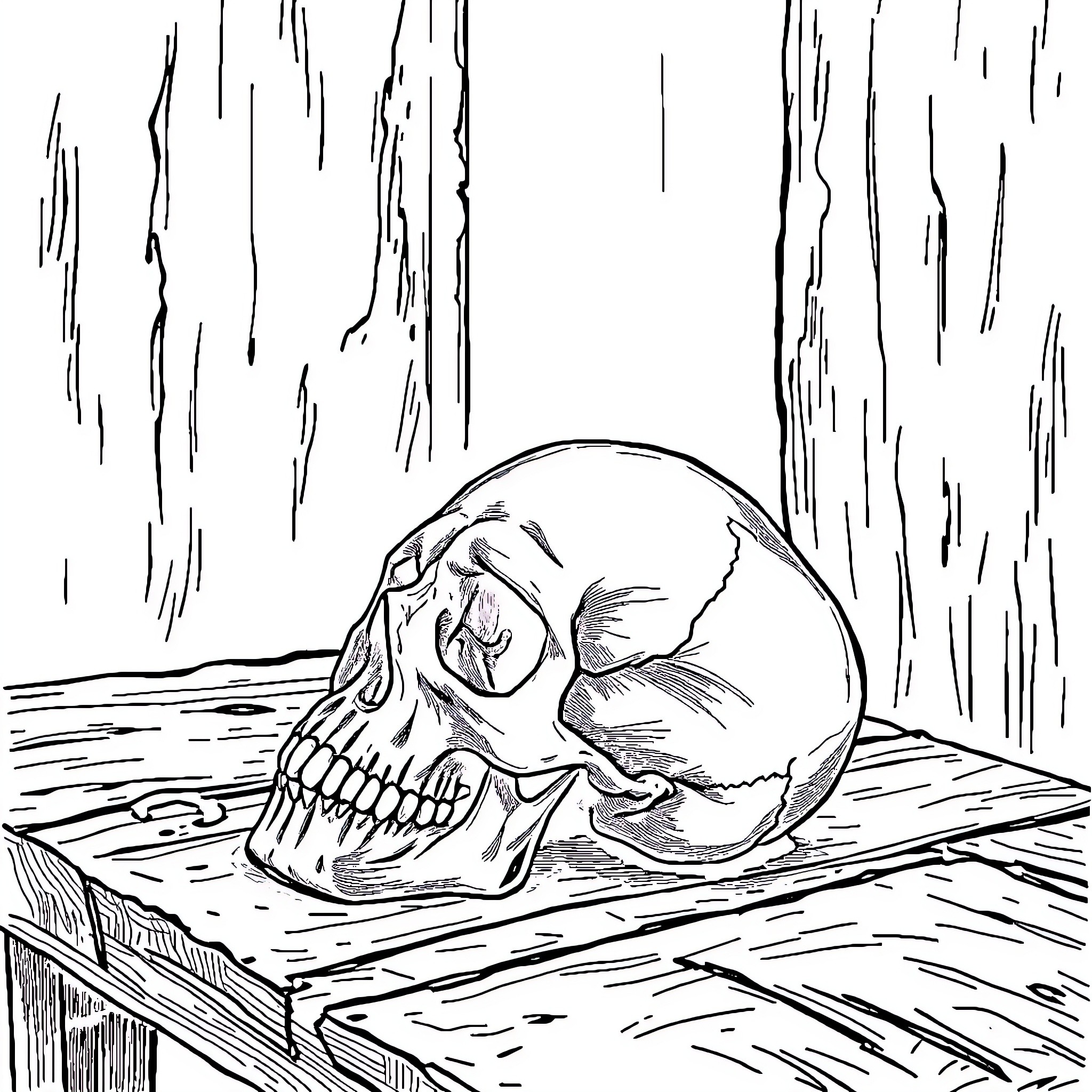 Skull lying on weathered wooden surface Coloring Page (free black-and-white line drawing printable PDF for all, from beginners to advanced learners, including children, teens, adults, and seniors)