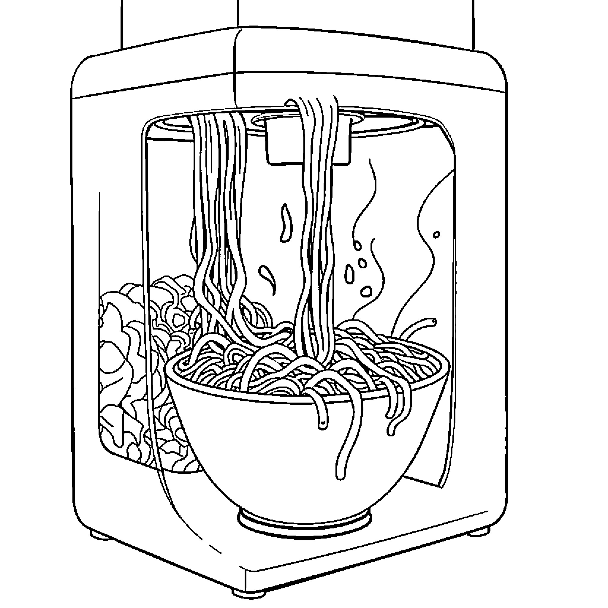 Noodle Machine Serving Up Delicious Pasta Coloring Page (free black-and-white line drawing printable PDF for all, from beginners to advanced learners, including children, teens, adults, and seniors)