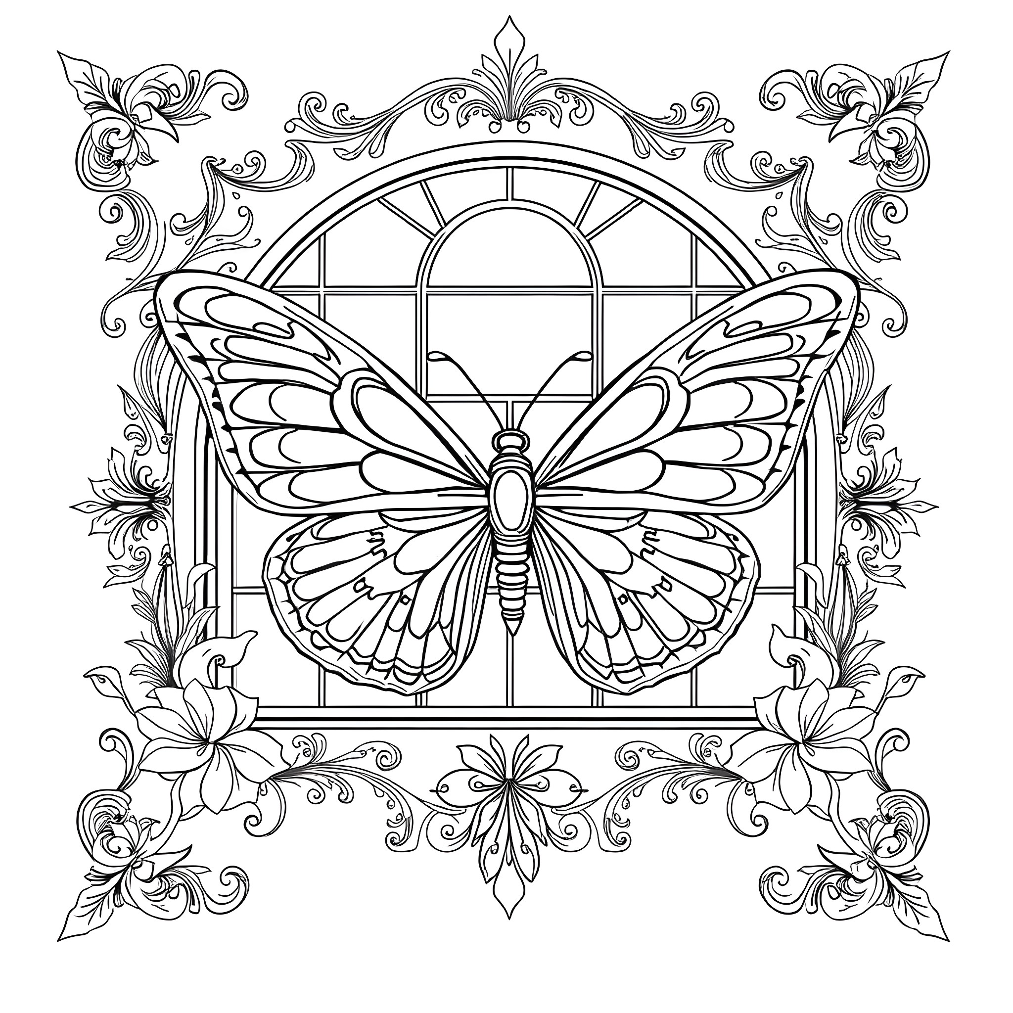 Butterfly in ornate floral window frame Coloring Page (free black-and-white line drawing printable PDF for all, from beginners to advanced learners, including children, teens, adults, and seniors)