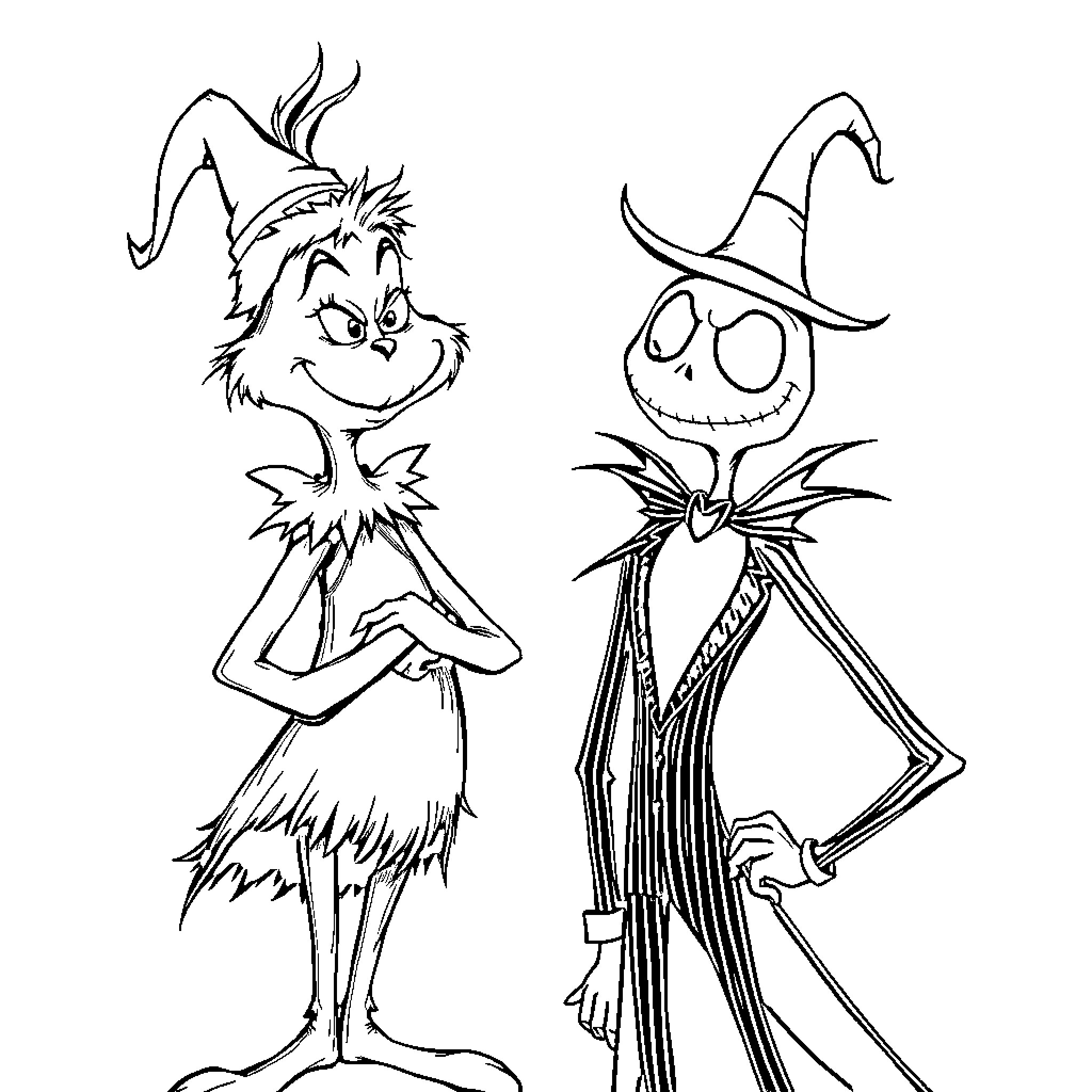 Grinch and Jack Skellington in Whimsical Poses Coloring Page (free black-and-white line drawing printable PDF for all, from beginners to advanced learners, including children, teens, adults, and seniors)
