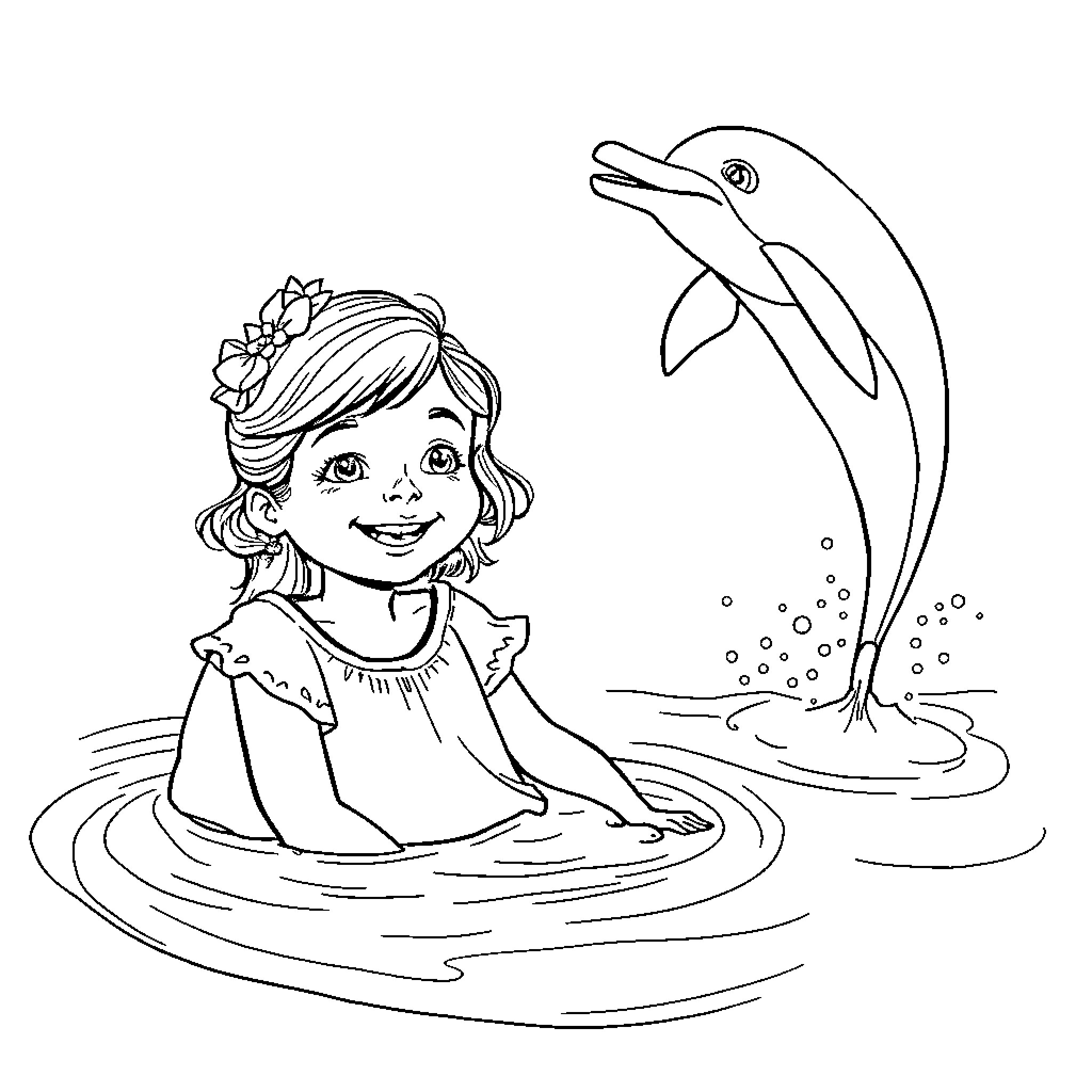 Girl playing with a dolphin in the water Coloring Page (free black-and-white line drawing printable PDF for all, from beginners to advanced learners, including children, teens, adults, and seniors)
