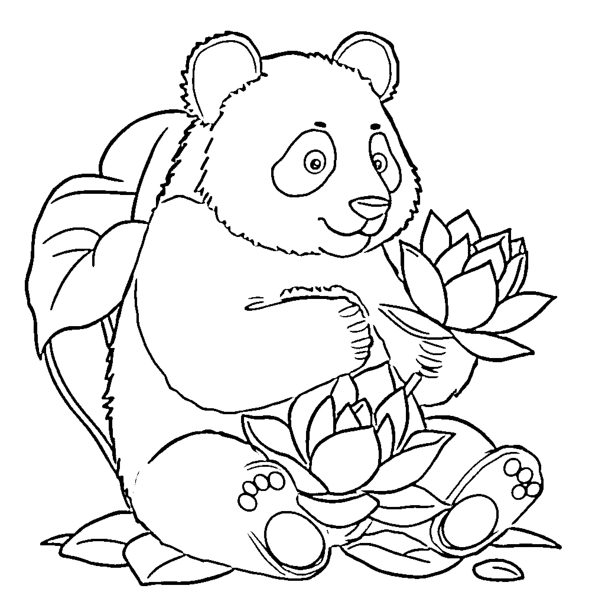 Panda enjoying lotus flowers Coloring Page (free black-and-white line drawing printable PDF for all, from beginners to advanced learners, including children, teens, adults, and seniors)