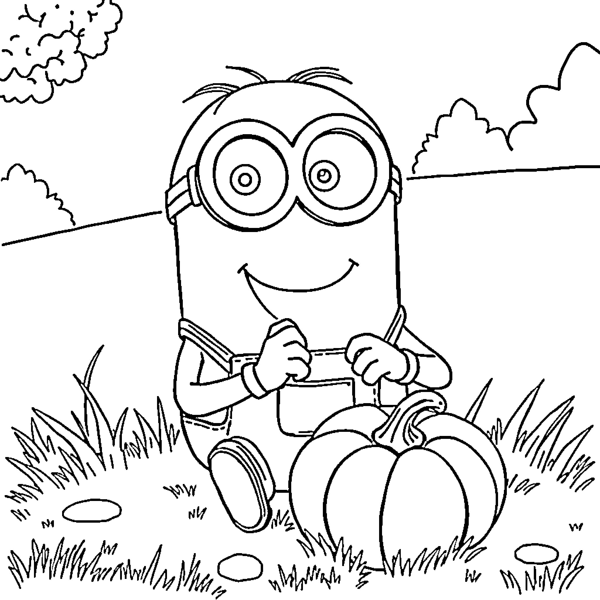 Minion enjoying a gardening activity outdoors Coloring Page (free black-and-white line drawing printable PDF for all, from beginners to advanced learners, including children, teens, adults, and seniors)