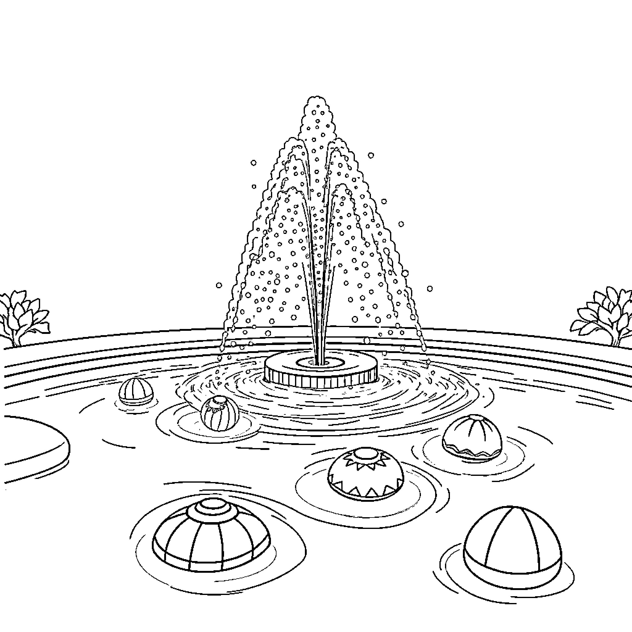 Pool with Splashing Fountain and Decorative Shapes Coloring Page (free black-and-white line drawing printable PDF for all, from beginners to advanced learners, including children, teens, adults, and seniors)