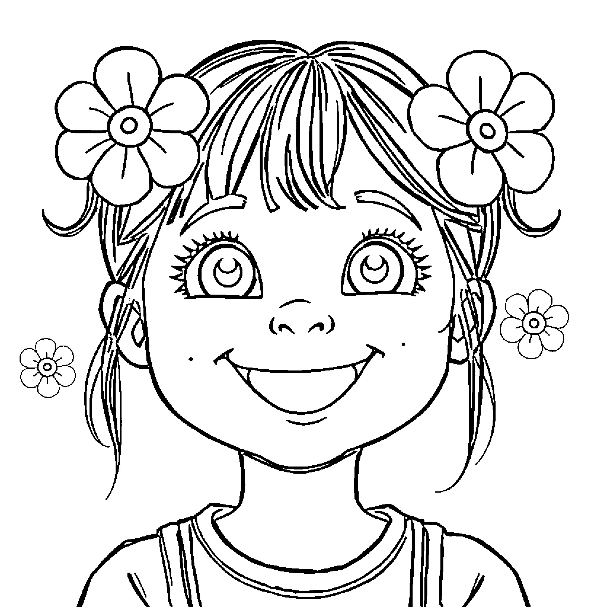 Sally's Smiling Flower Adventure Coloring Page (free black-and-white line drawing printable PDF for all, from beginners to advanced learners, including children, teens, adults, and seniors)