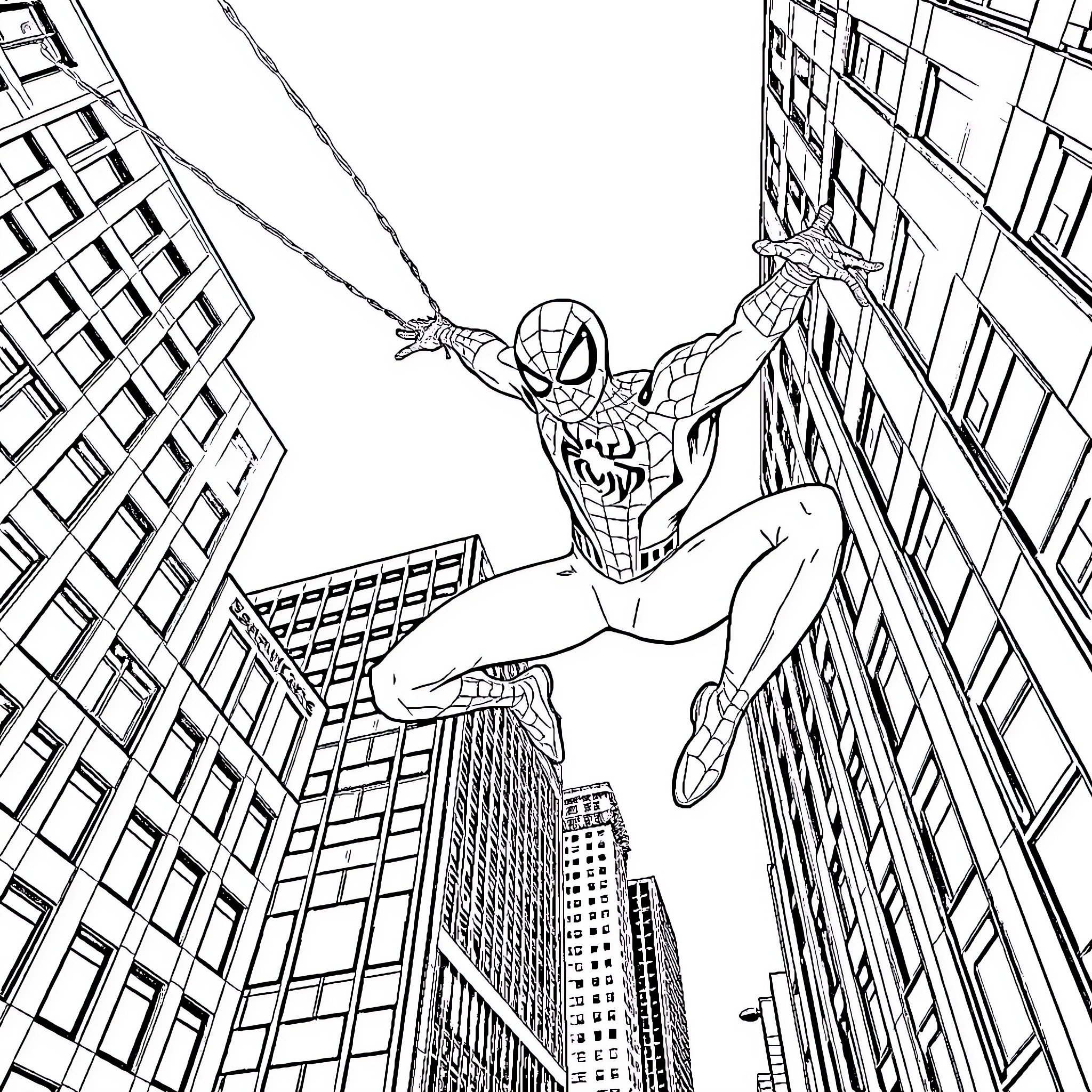 Spiderman swinging heroically through the city Coloring Page (free black-and-white line drawing printable PDF for all, from beginners to advanced learners, including children, teens, adults, and seniors)