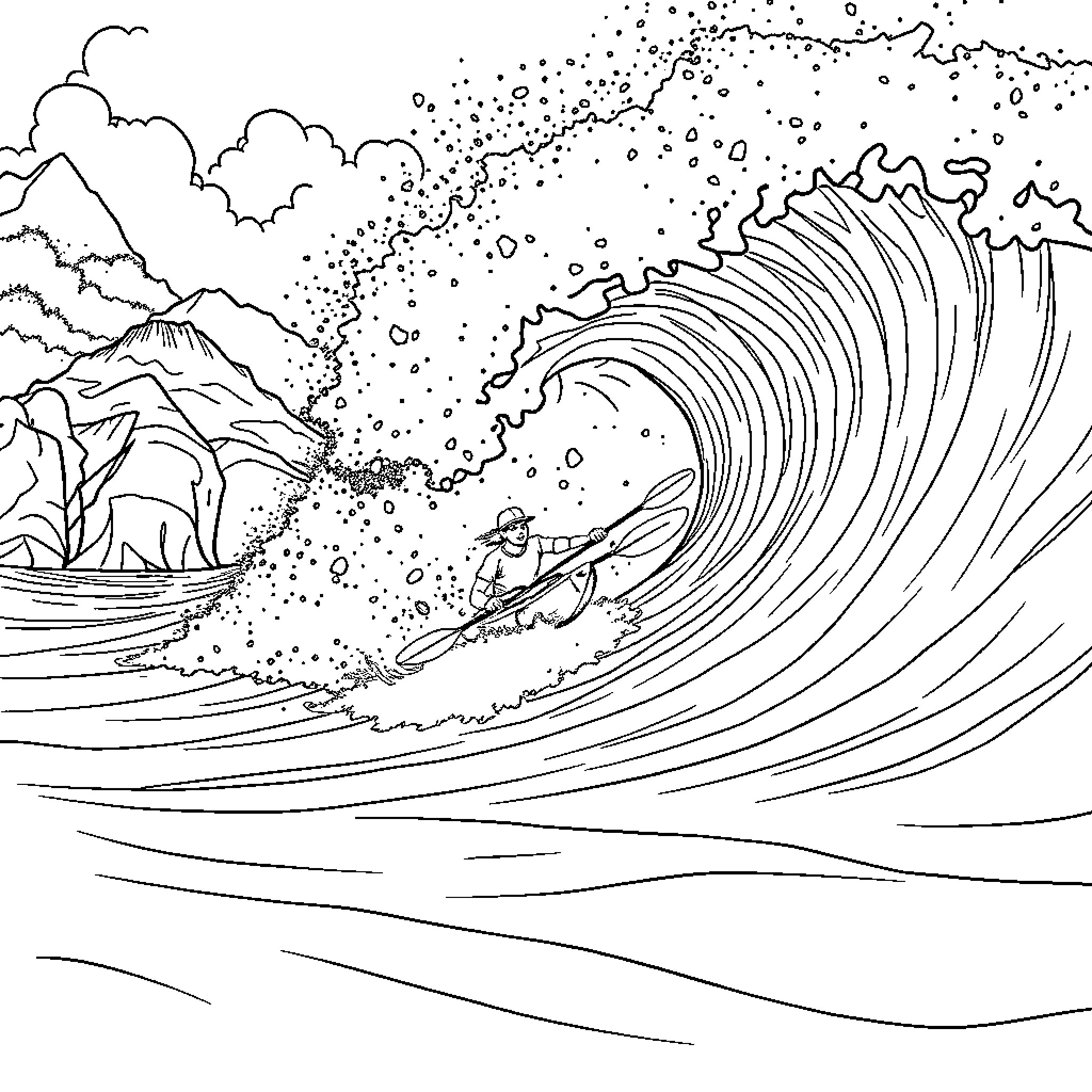 Kayak Surfer Riding Big Wave Coloring Page (free black-and-white line drawing printable PDF for all, from beginners to advanced learners, including children, teens, adults, and seniors)