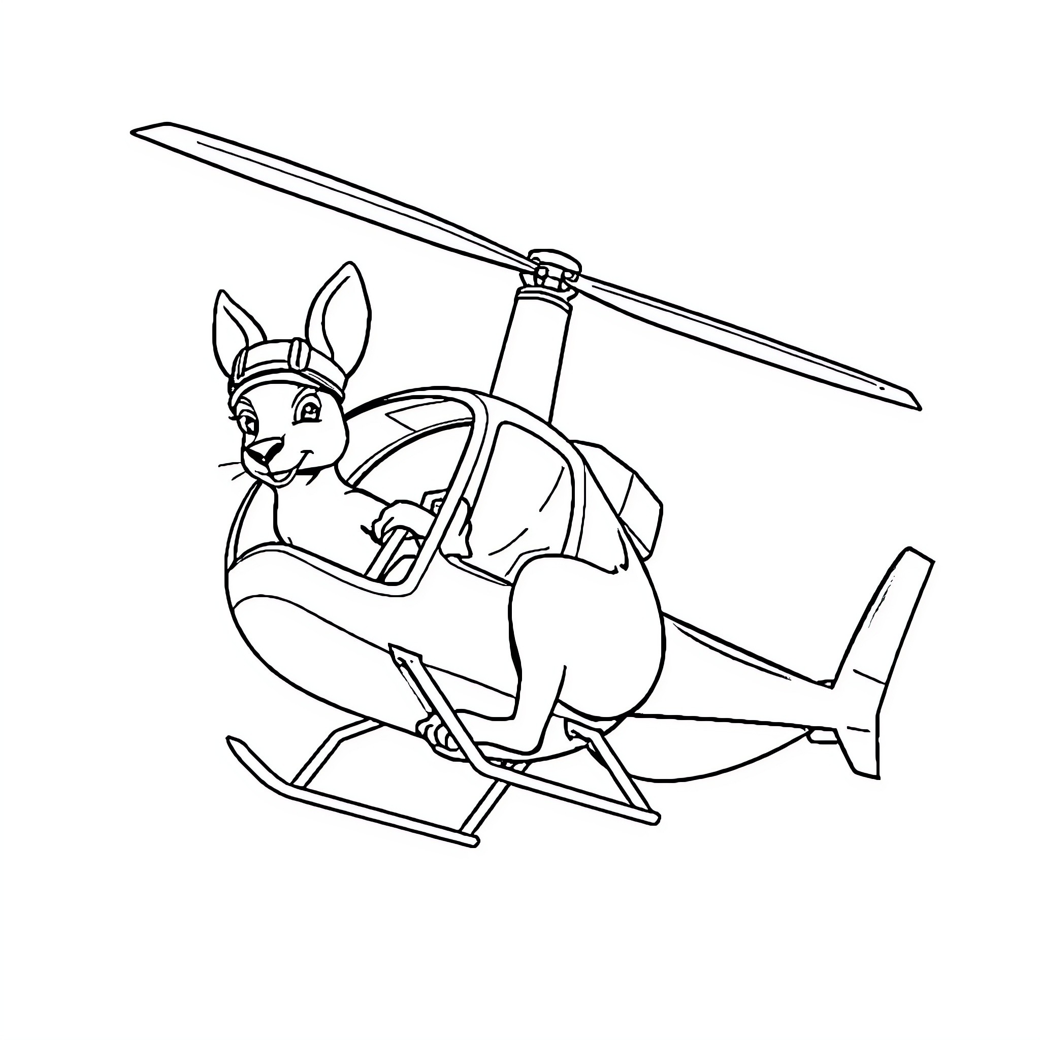 Kangaroo flying a helicopter Coloring Page (free black-and-white line drawing printable PDF for all, from beginners to advanced learners, including children, teens, adults, and seniors)