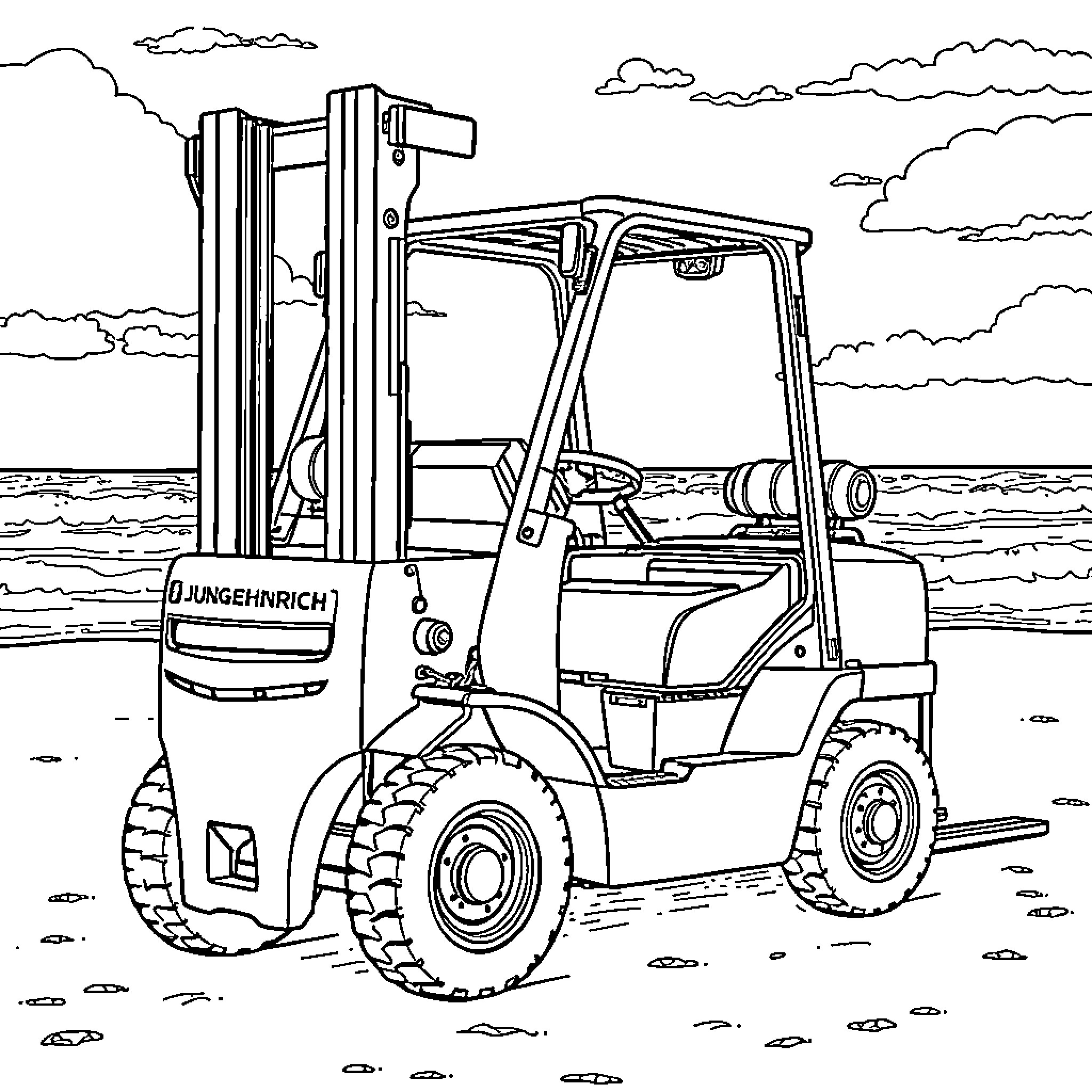Counterbalance: Forklift on the Shoreline Coloring Page (free black-and-white line drawing printable PDF for all, from beginners to advanced learners, including children, teens, adults, and seniors)