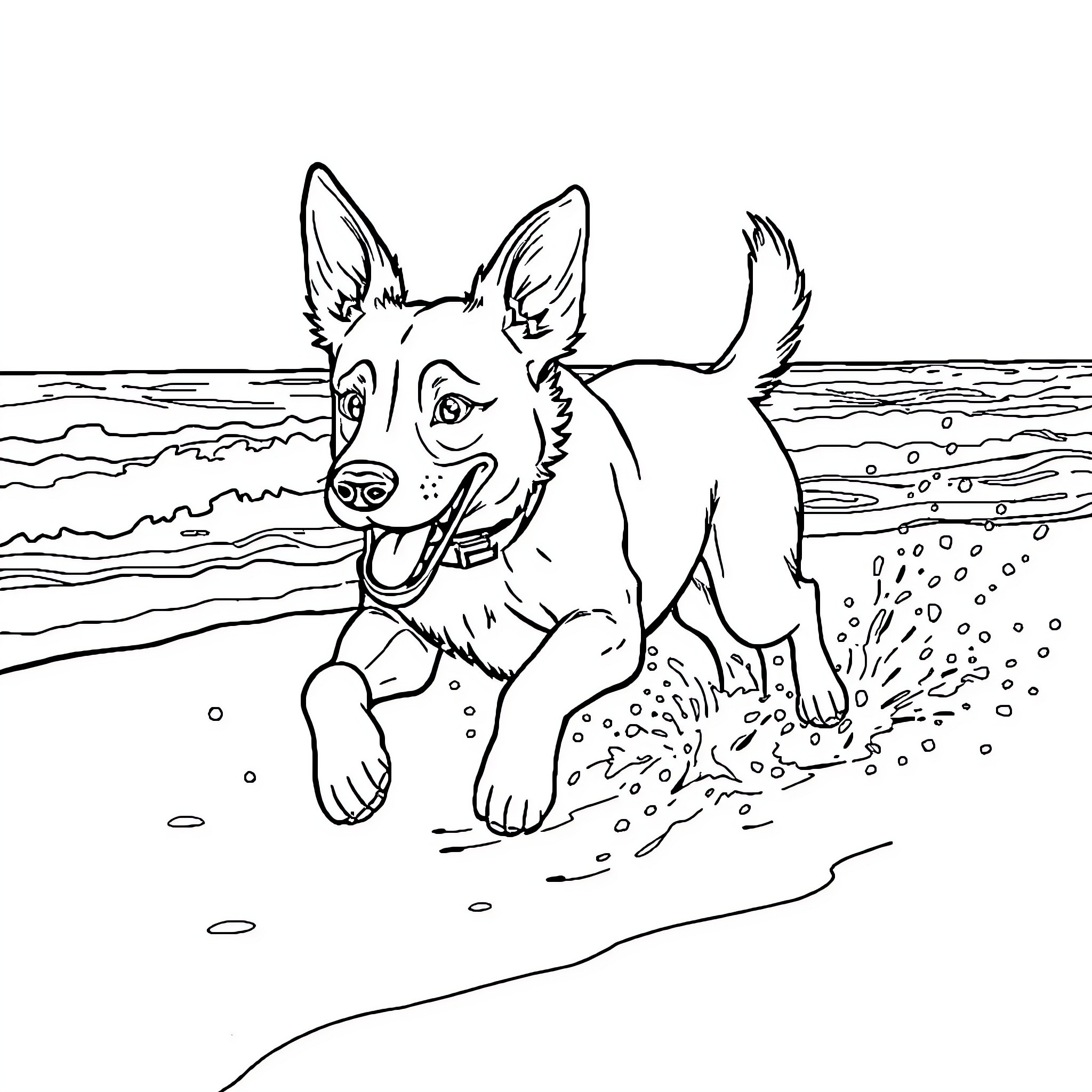 Dog running joyfully on the beach Coloring Page (free black-and-white line drawing printable PDF for all, from beginners to advanced learners, including children, teens, adults, and seniors)