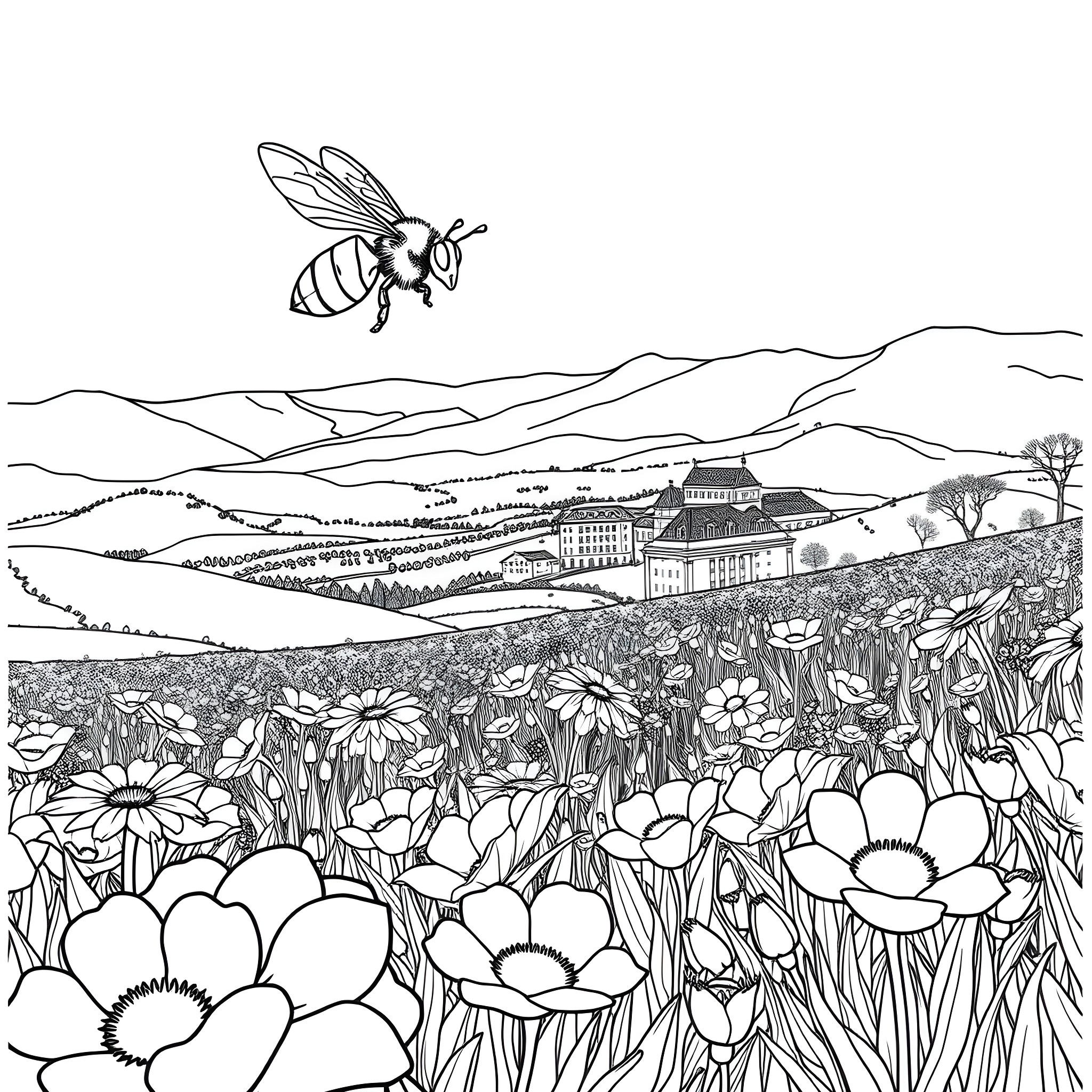 Bee flying over a flower-filled countryside landscape Coloring Page (free black-and-white line drawing printable PDF for all, from beginners to advanced learners, including children, teens, adults, and seniors)