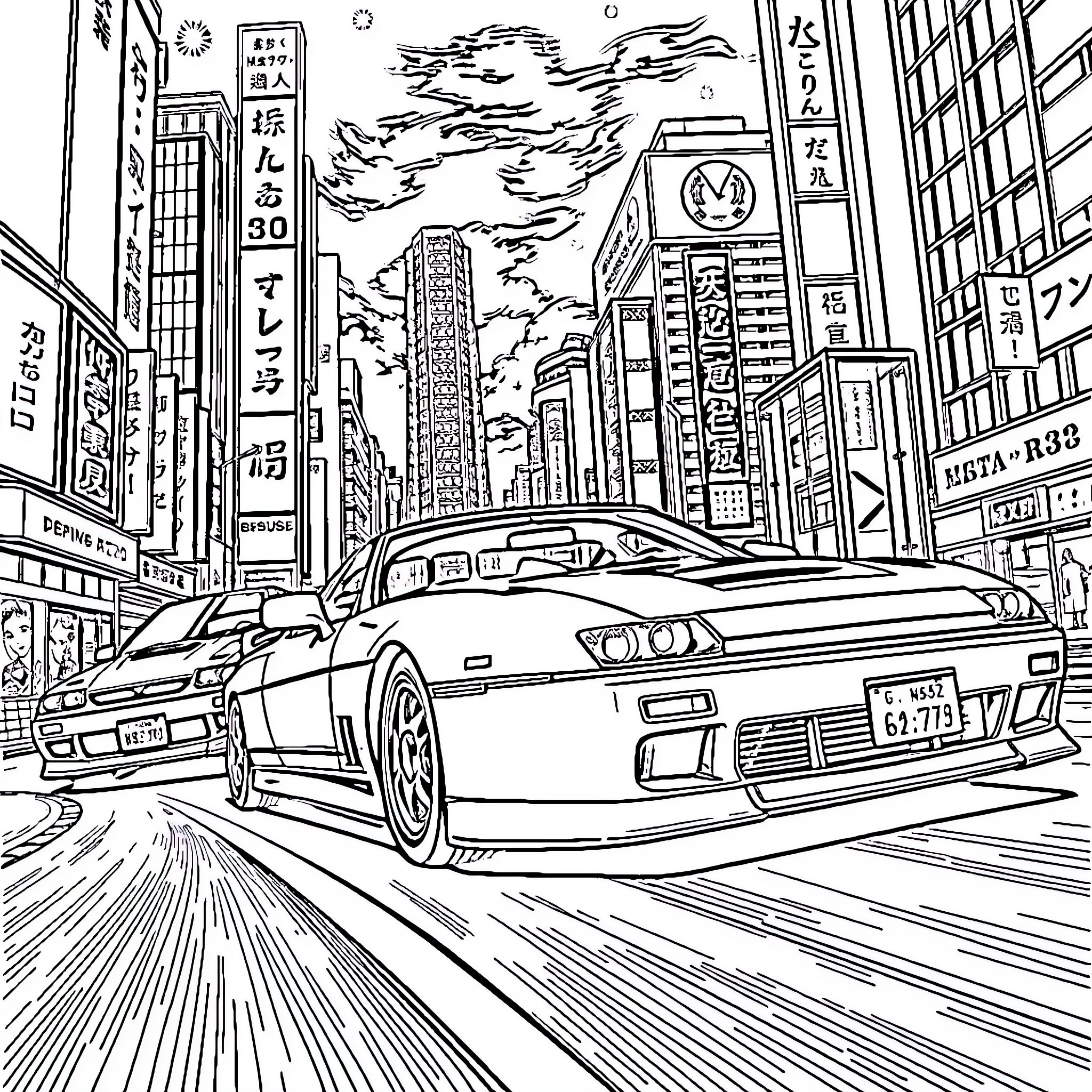 Car Racing Through City Streets at Night Coloring Page (free black-and-white line drawing printable PDF for all, from beginners to advanced learners, including children, teens, adults, and seniors)